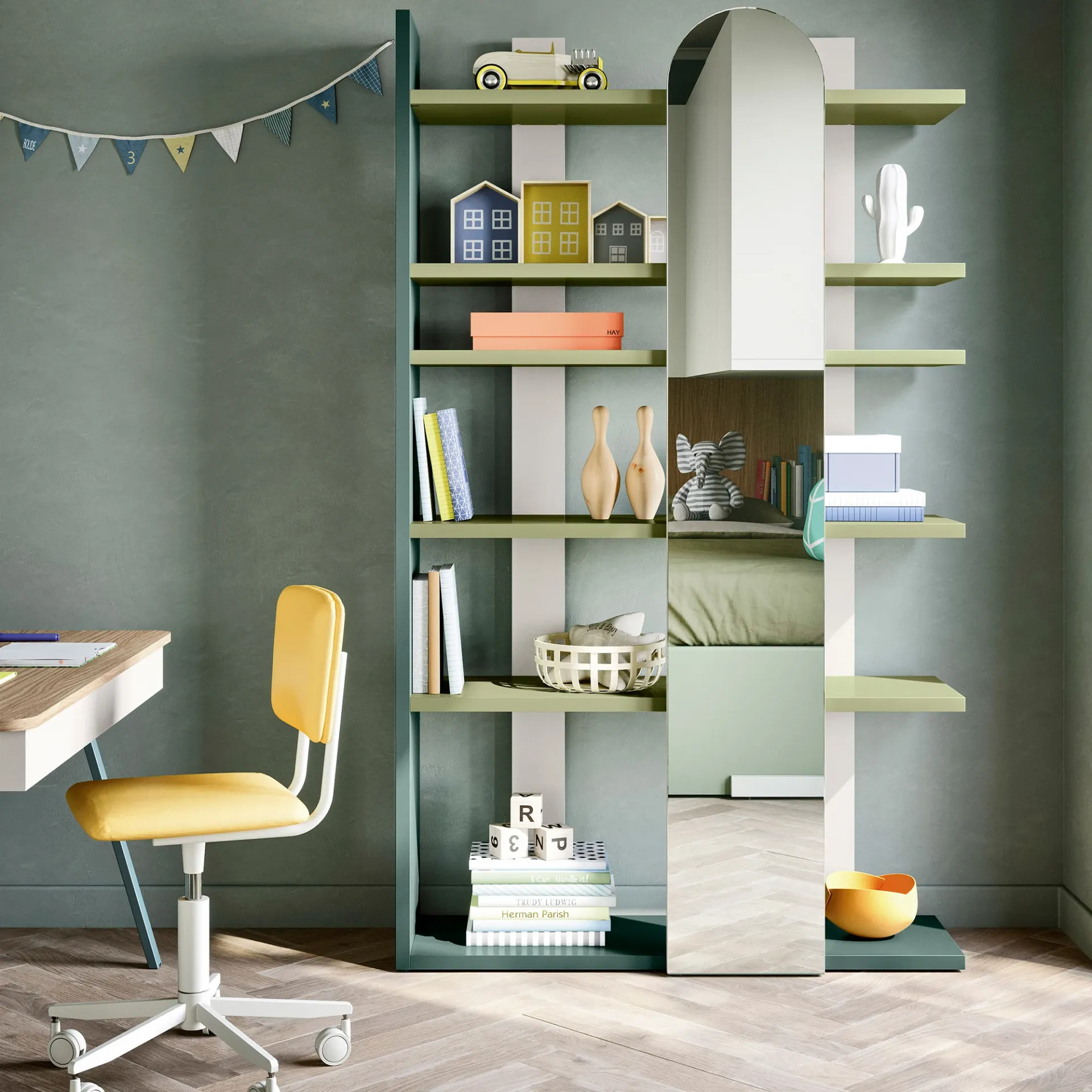Libreria Surfy Nidi verticale verde accanto alla scrivania