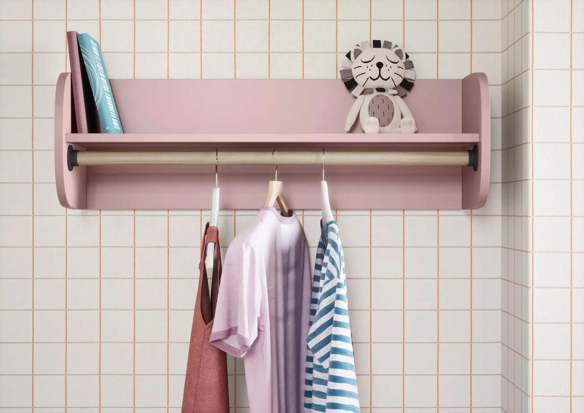 Mensola Poppy Nidi rosa con barra e vestiti appesi