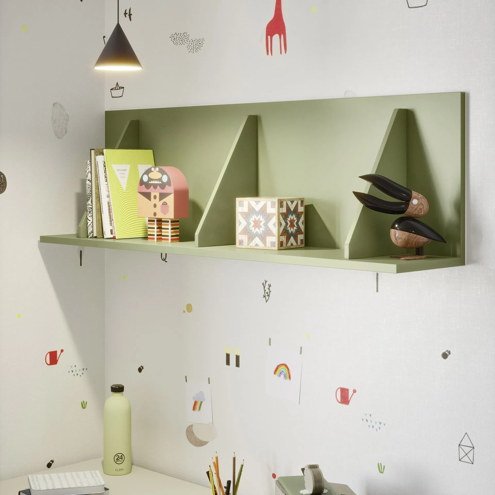 Mensola Pitagora Nidi verde con divisori triangolari e libri