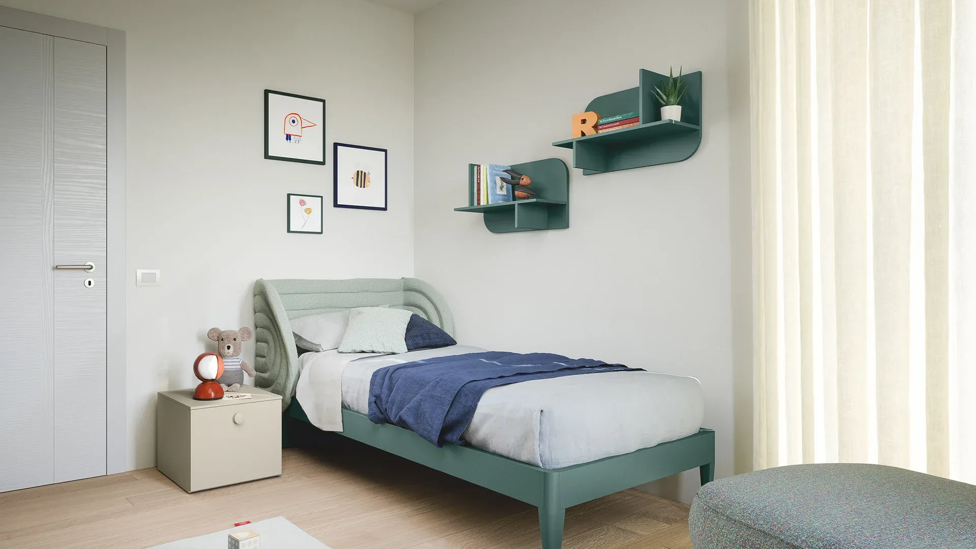 Casellari Cloud Nidi verdi a forma di nuvola sopra il letto