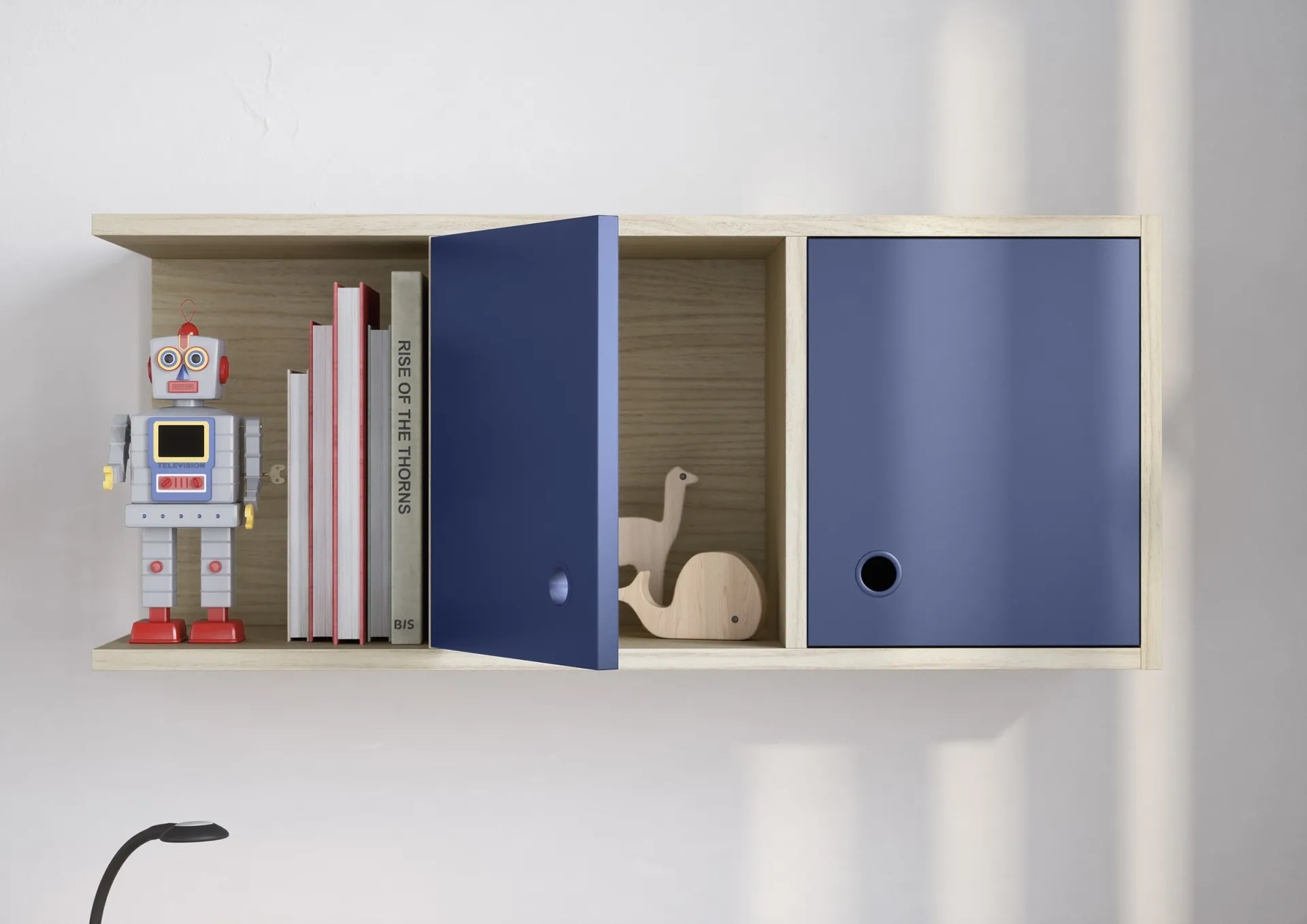 Casellario Luce Nidi con anta blu aperta e libri