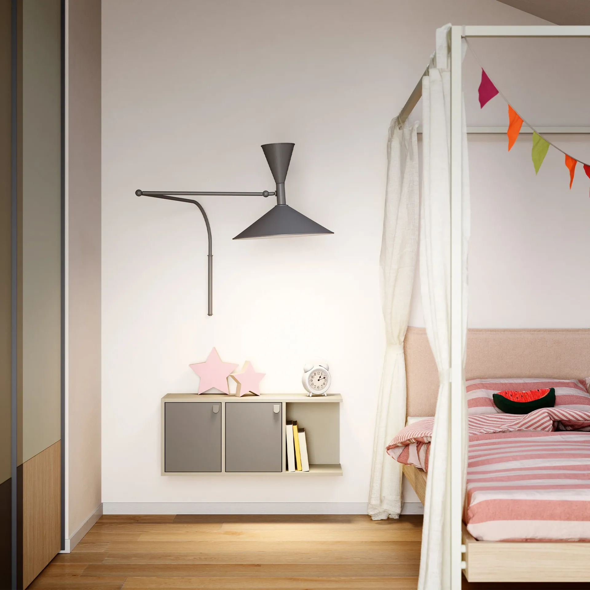 Casellario Luce Nidi grigio sospeso accanto al letto