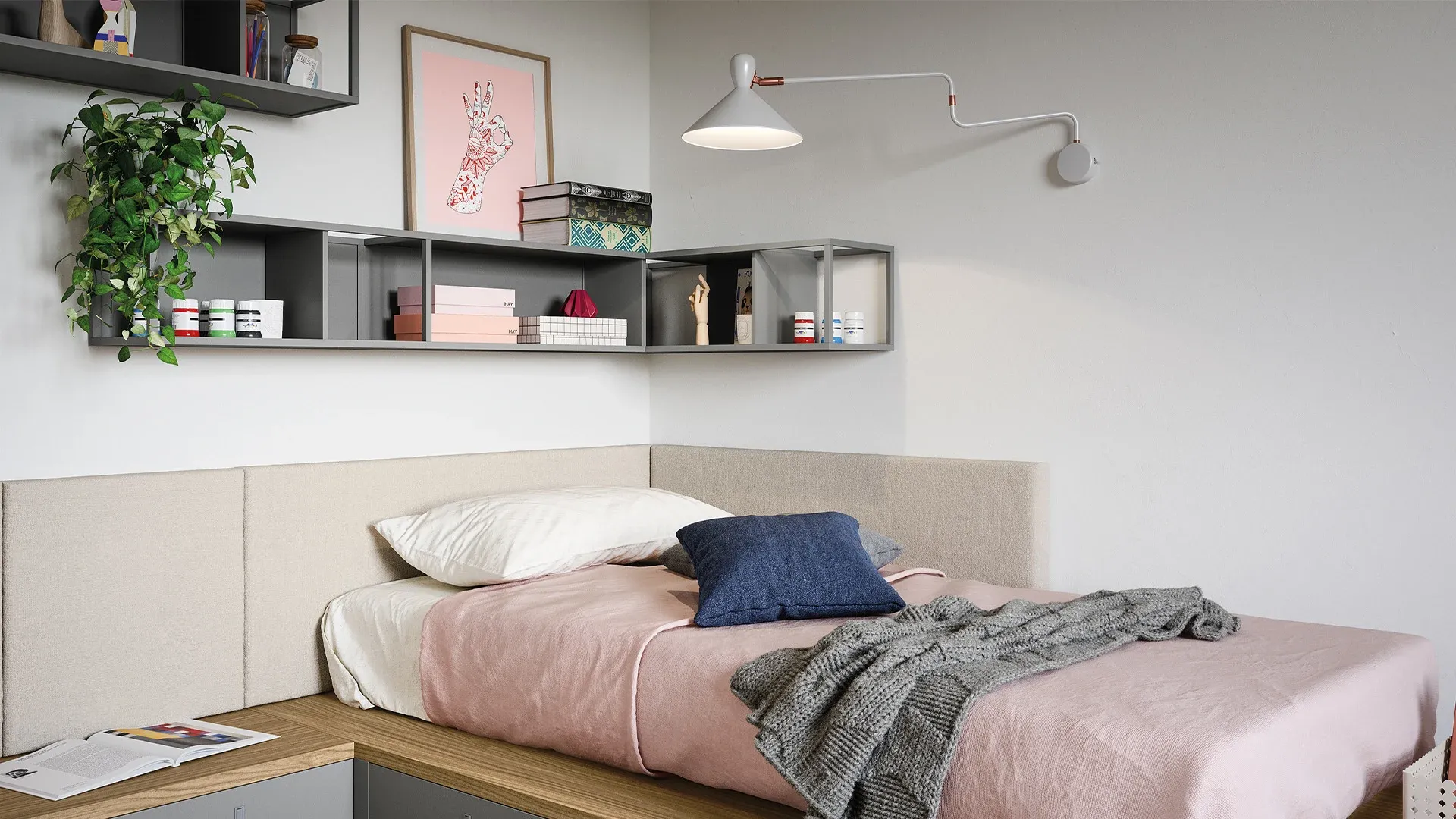 Casellari Boxy Nidi grigi sopra il letto in camera rosa
