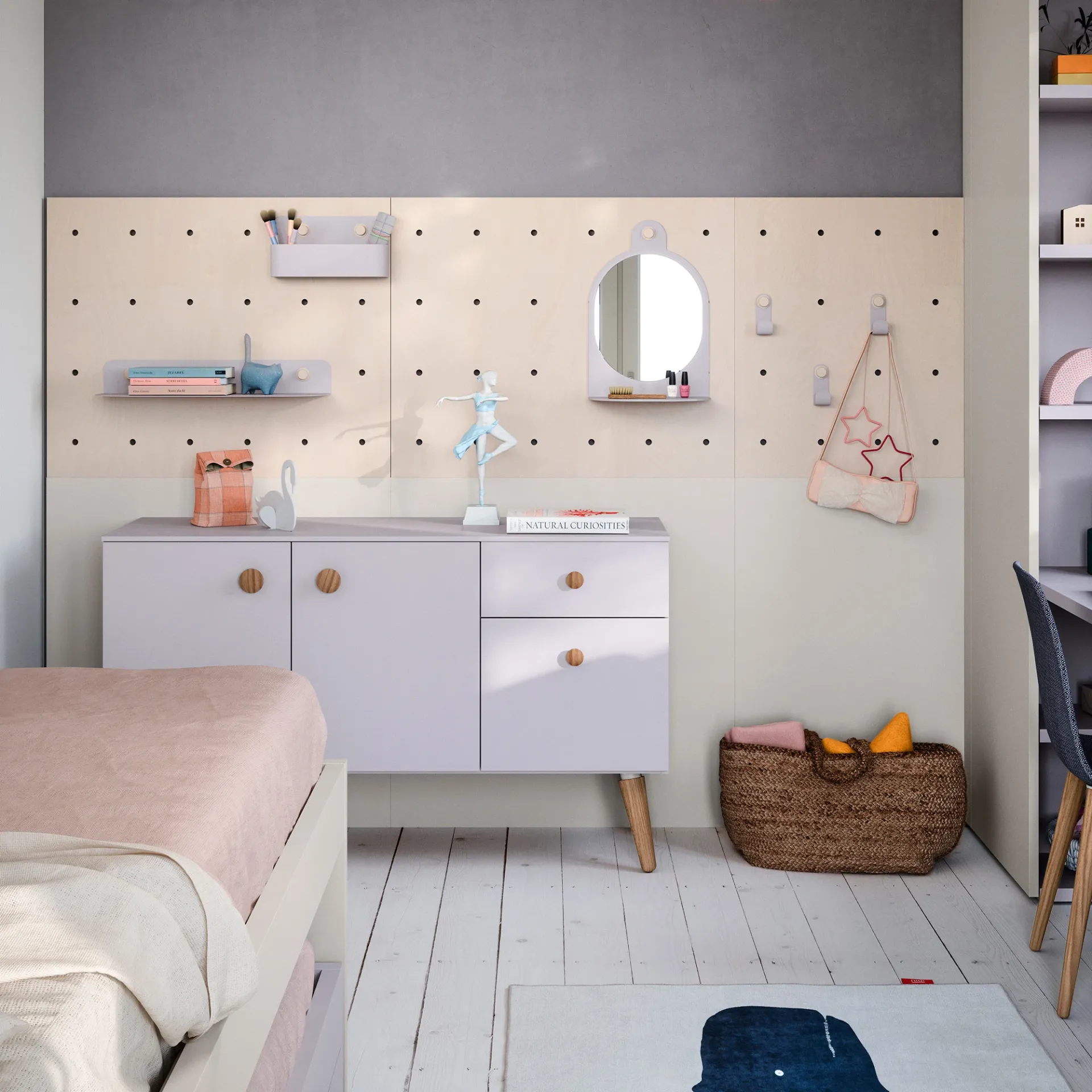 Madia Woody Nidi lilla con pomoli in legno sotto la boiserie forata