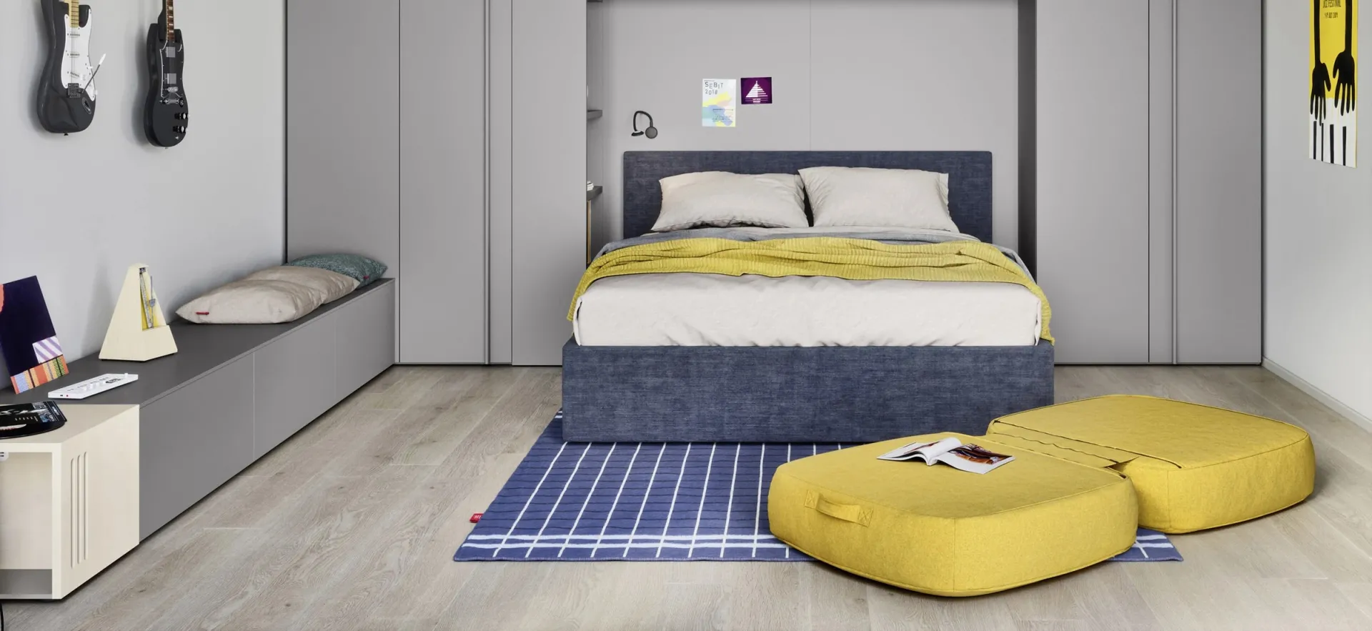 Pouf Dots Nidi gialli aperti ai piedi del letto