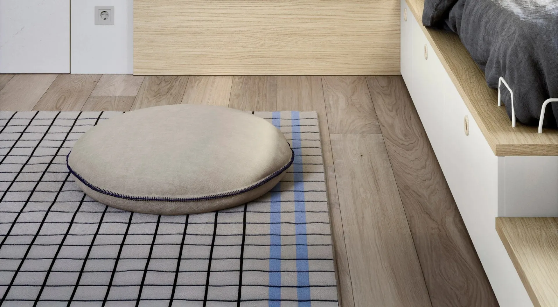 Pouf Disco Nidi beige sul tappeto a quadri in cameretta