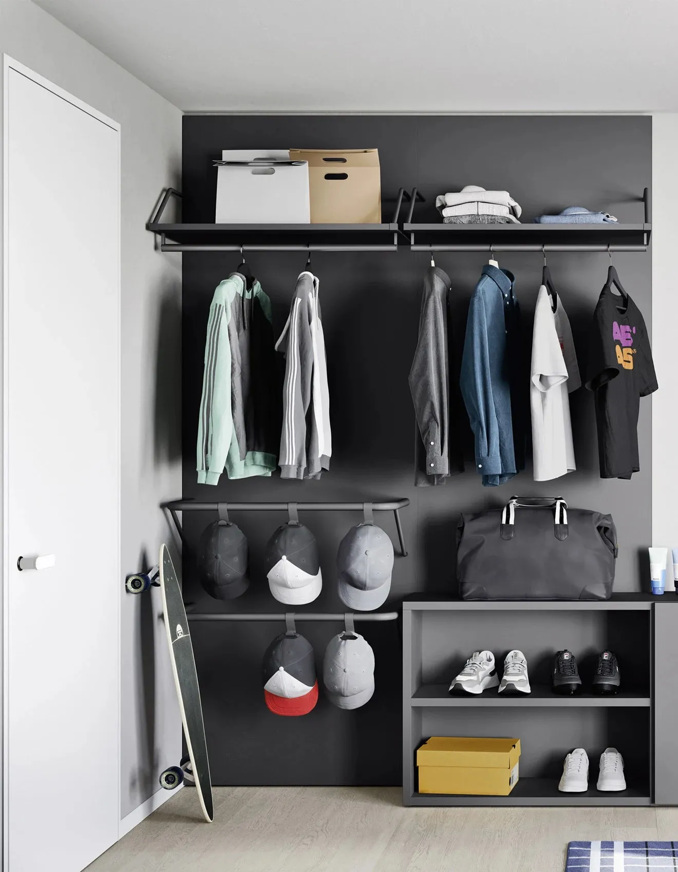 Boiserie Wally Nidi grigio scuro attrezzata come cabina armadio