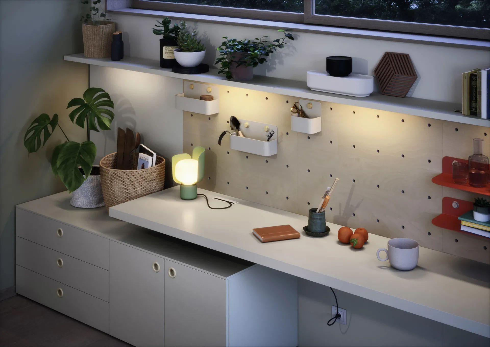 Boiserie Dots Nidi sopra la scrivania con portaoggetti