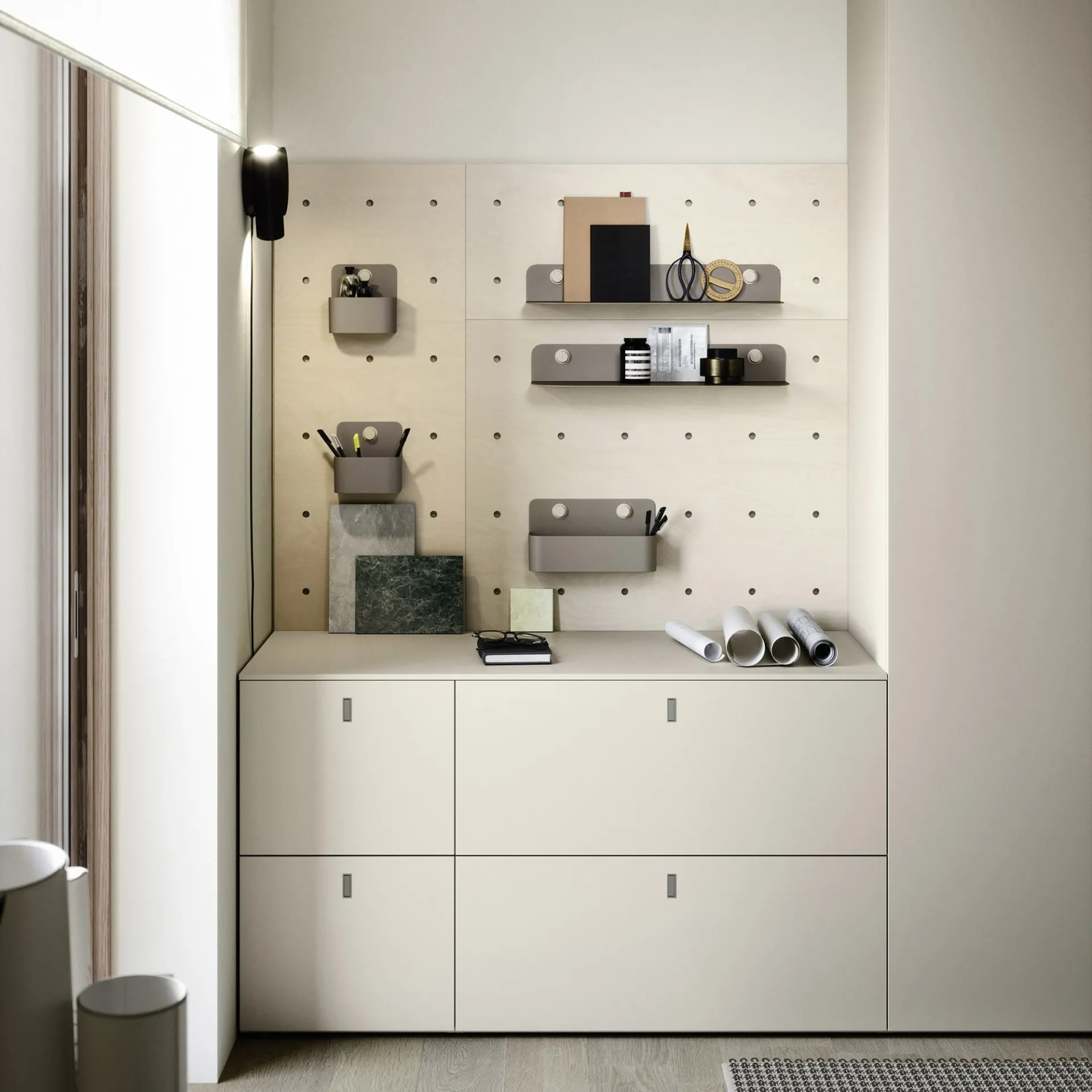 Boiserie Dots Nidi forata sopra la cassettiera bianca