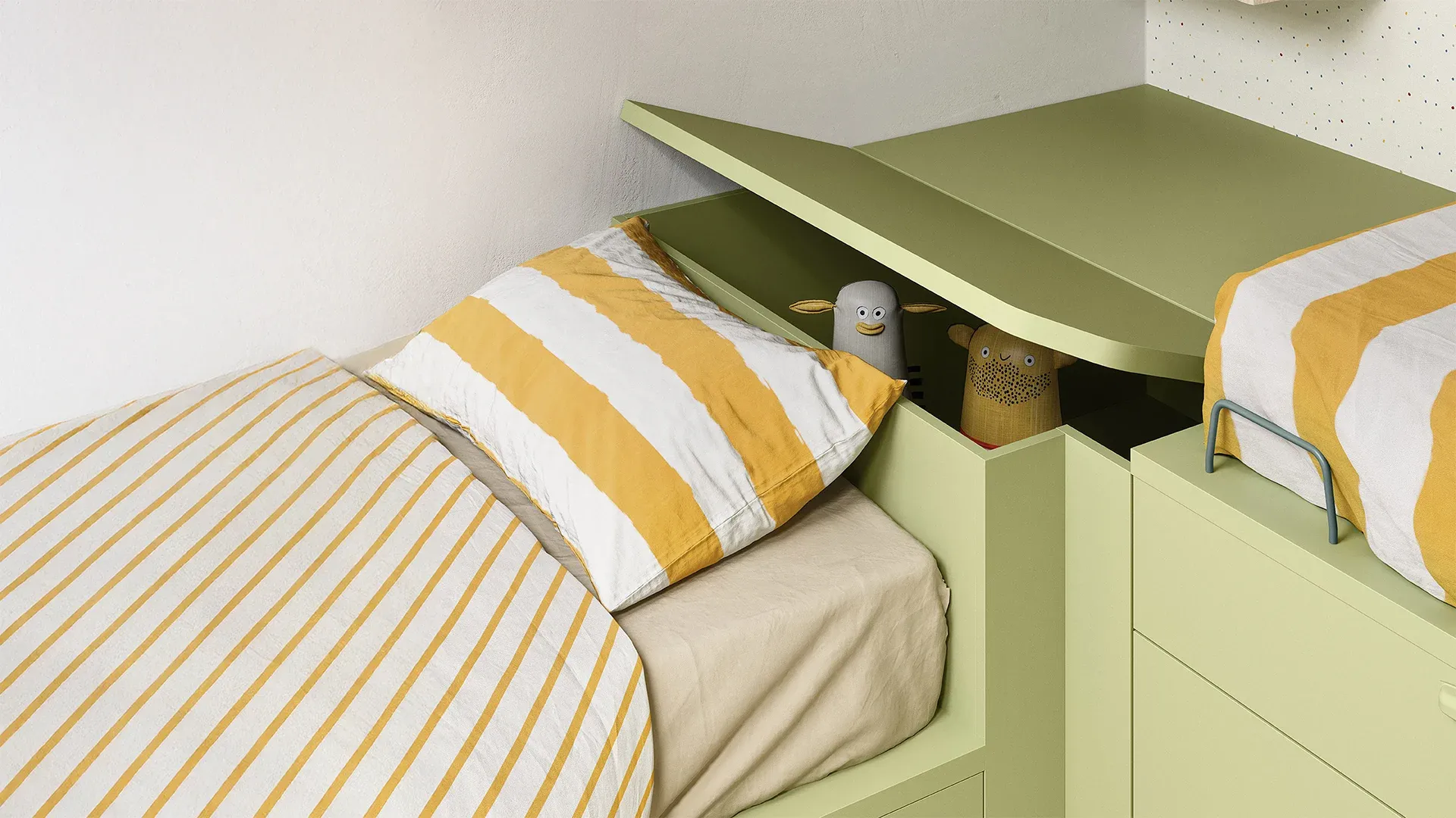 Contenitore retroletto Nidi verde aperto sopra il letto