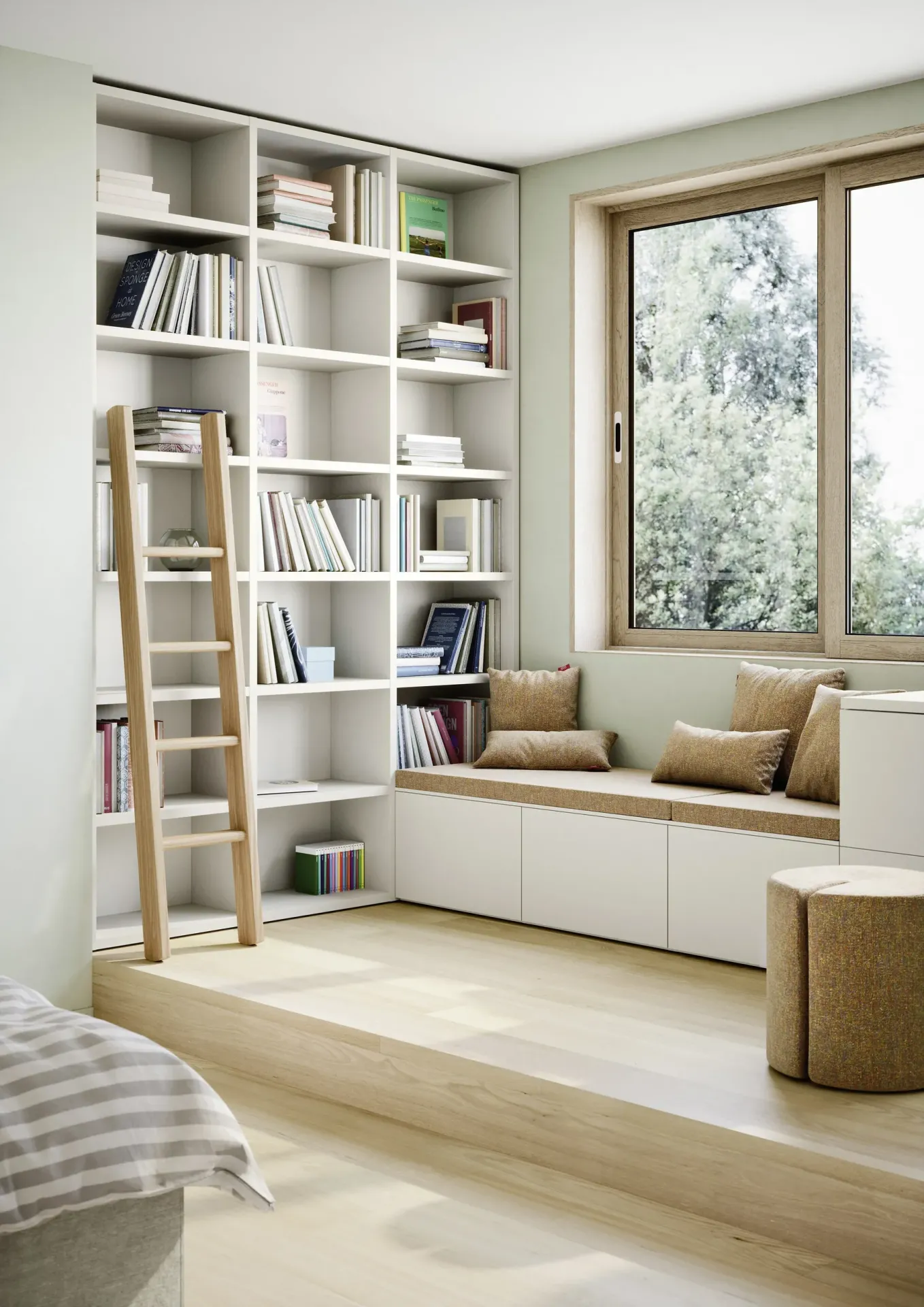 Scaletta Nidi in legno accanto alla libreria