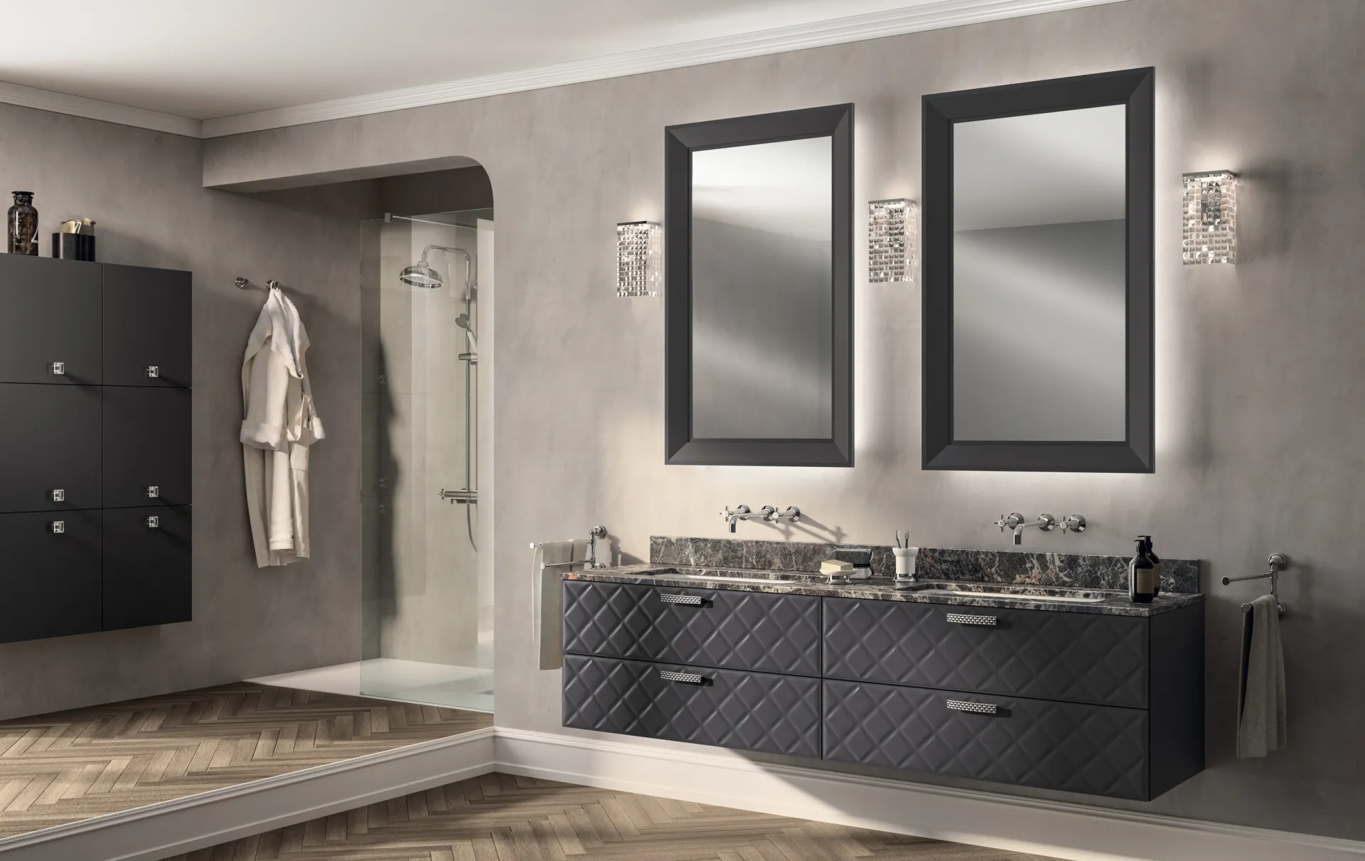 Bagno Magnifica Glamour Scavolini con ante lavorate a rombi grigio scuro e piano in marmo scuro