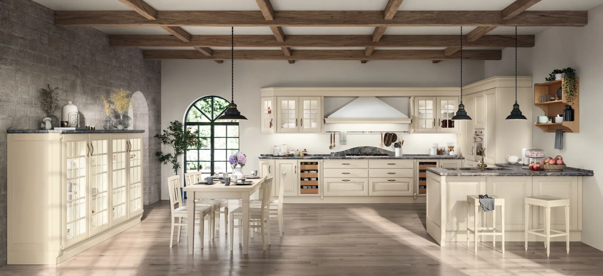 Cucina Baltimora Scavolini in Frassino Bianco con penisola, vetrine e piano in marmo grigio