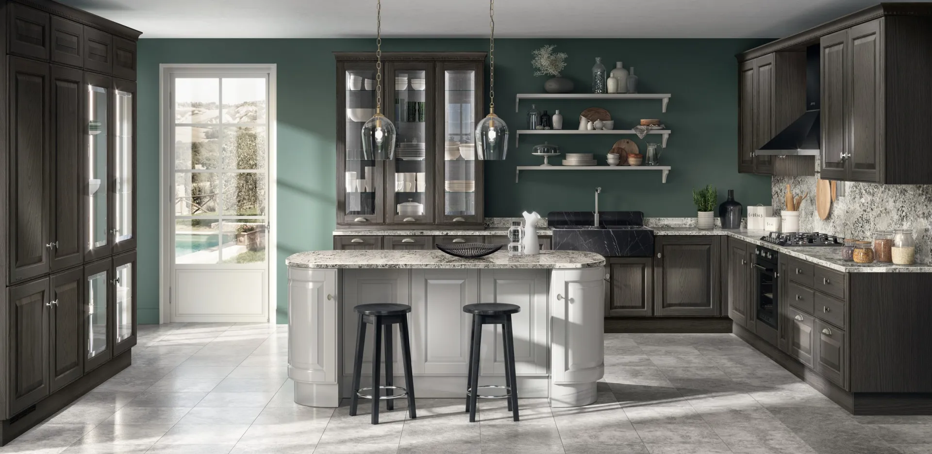Cucina classica Baltimora Scavolini in finitura scura con isola a basi curve e vetrina a tutta altezza