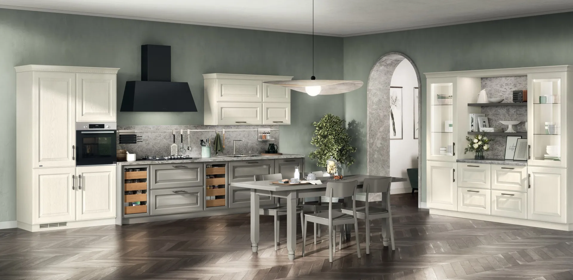 Cucina Baltimora Scavolini laccata chiara con basi a giorno a cassetti in Rovere Oregon e cappa nera