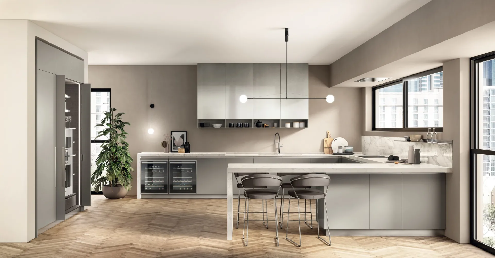 Cucina Boxi Scavolini con penisola, pensili effetto metallo Stained Aluminium e basi Grigio Titanio