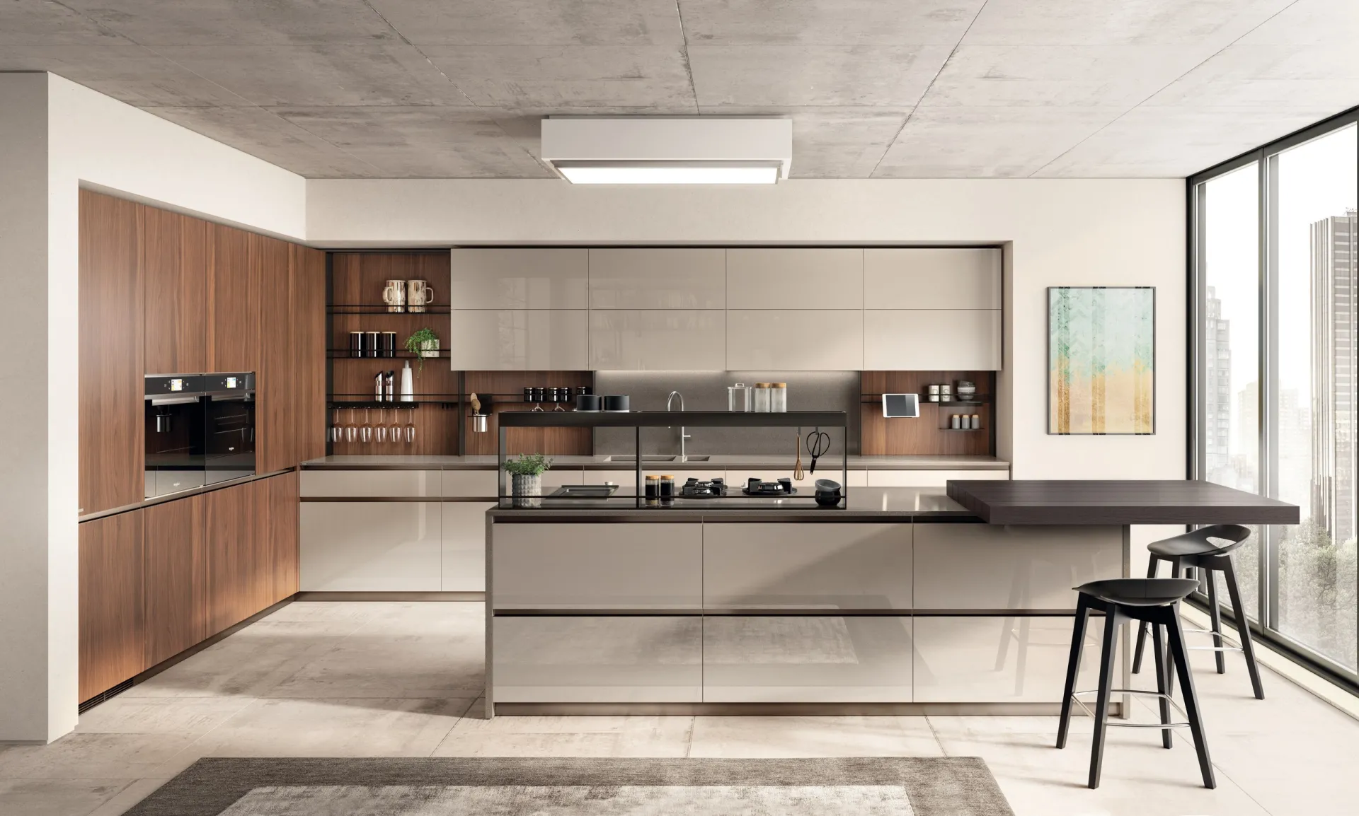 Cucina Boxi Scavolini con isola centrale in laccato lucido Visone e colonne in Noce Sunset