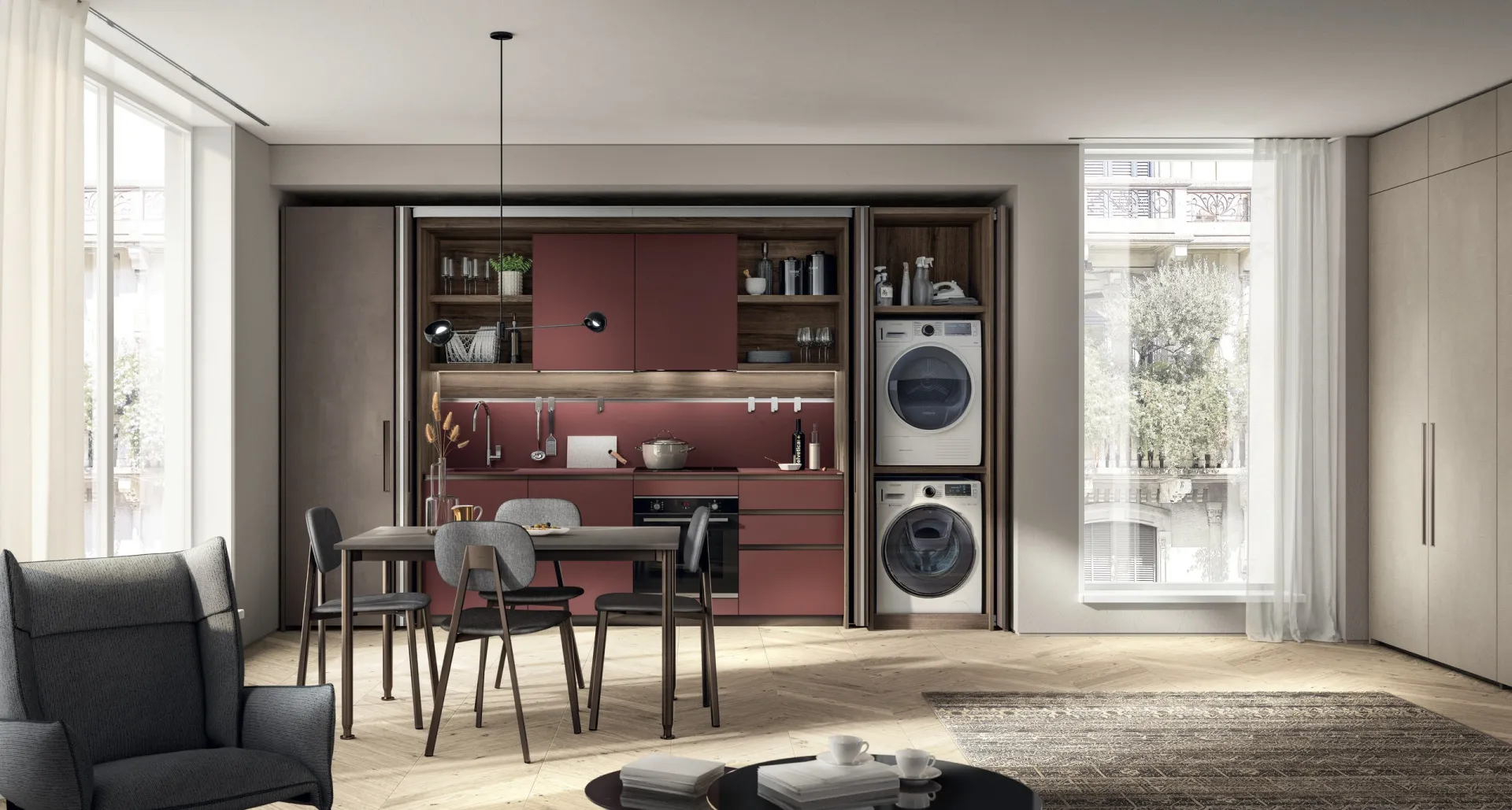 Cucina Boxi Scavolini in Fenix Rosso Jaipur inserita in una nicchia a parete con colonna lavanderia