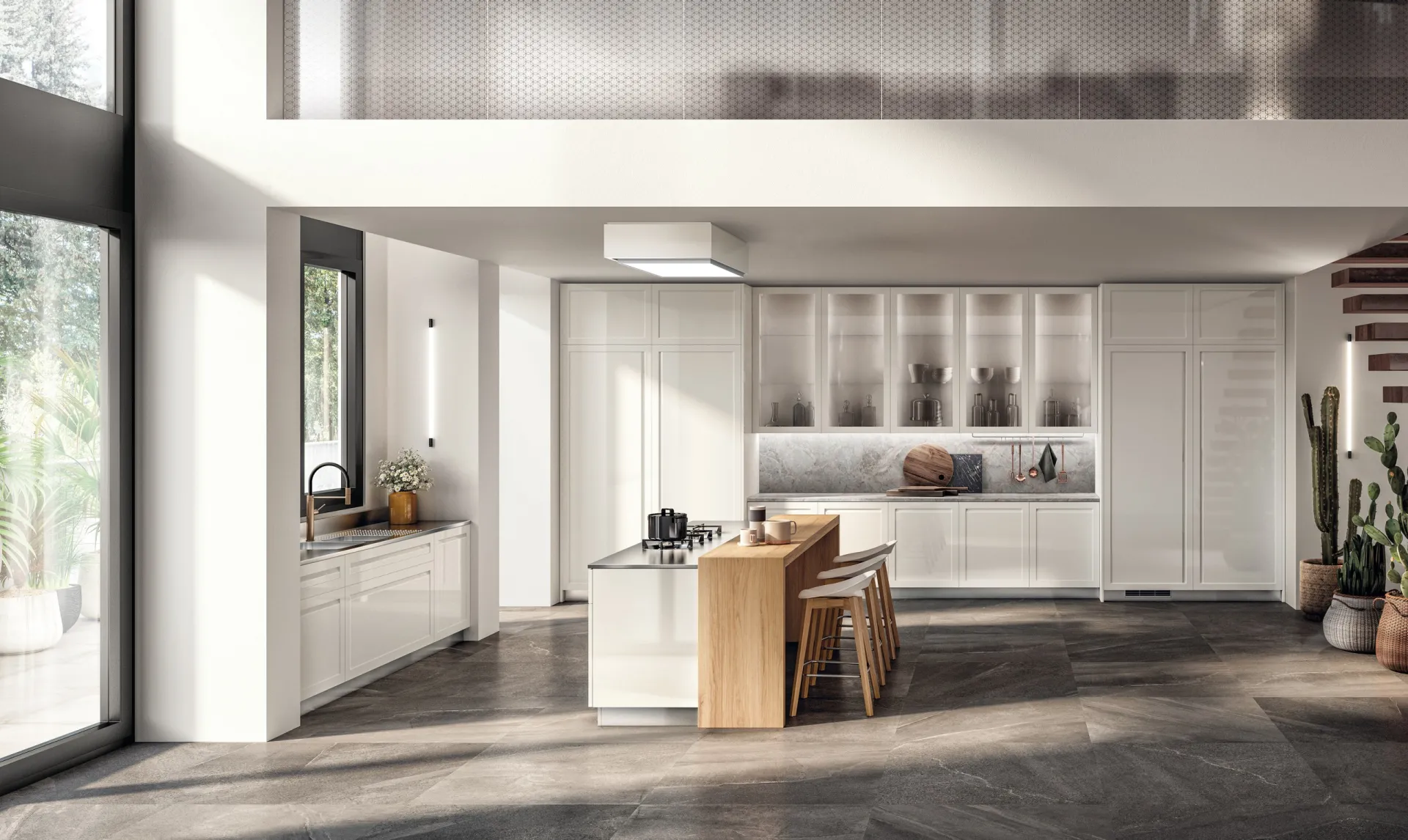 Cucina Carattere Scavolini in laccato lucido Bianco Prestige con isola, banco in legno e vetrine