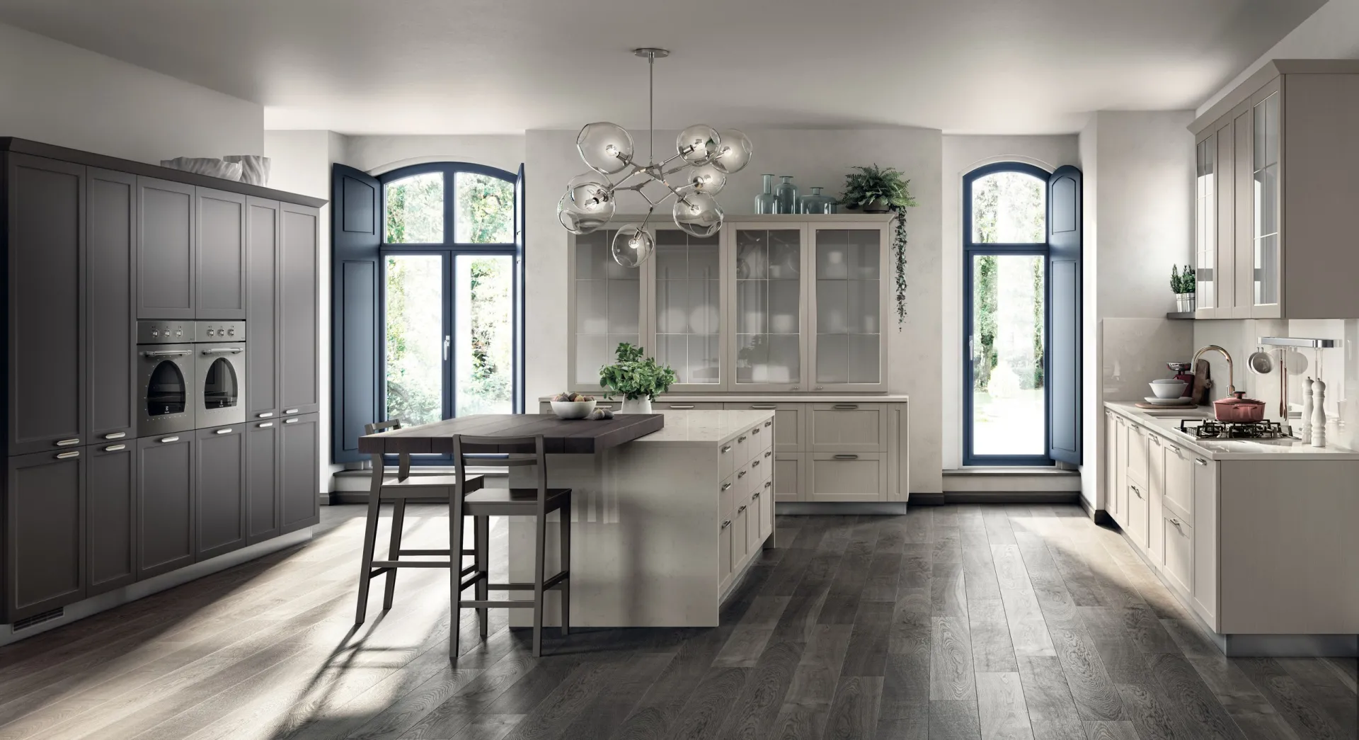 Cucina Carattere Scavolini in Frassino Cashmere con armadiatura Grigio Ferro, isola e vetrina all'inglese