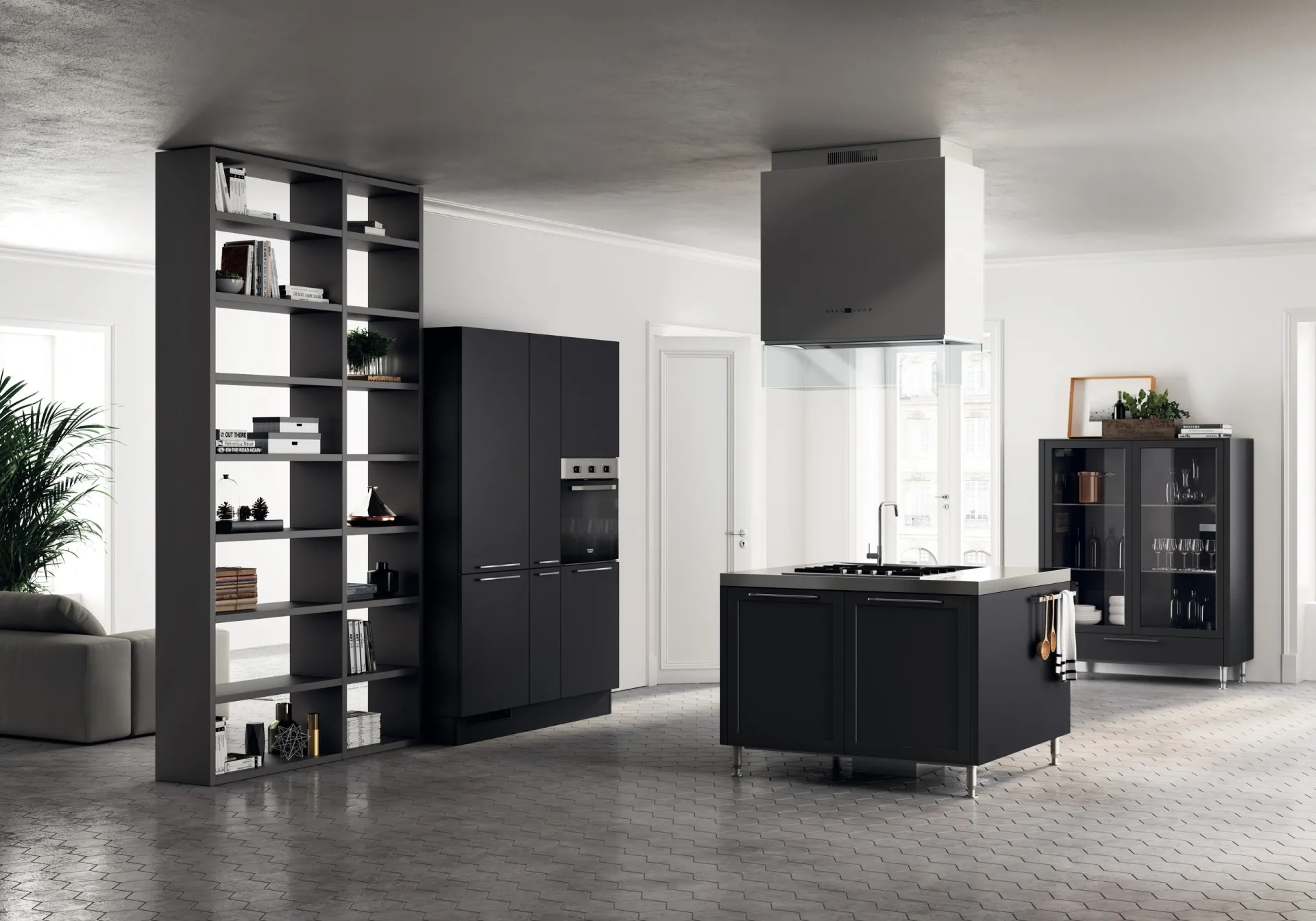 Cucina Carattere Scavolini in laccato opaco Nero Ardesia con isola su piedini e libreria a giorno