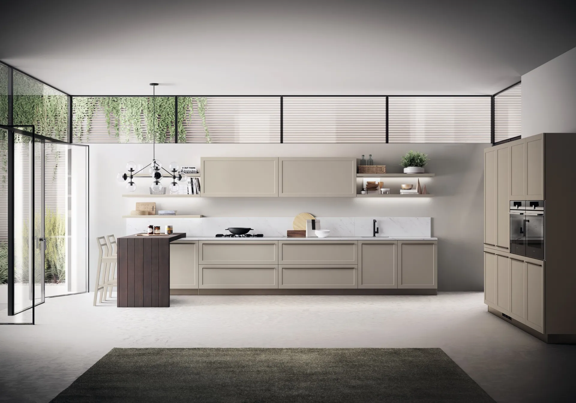 Cucina Carattere Scavolini lineare in laccato opaco Visone con penisola e piano colazione in rovere