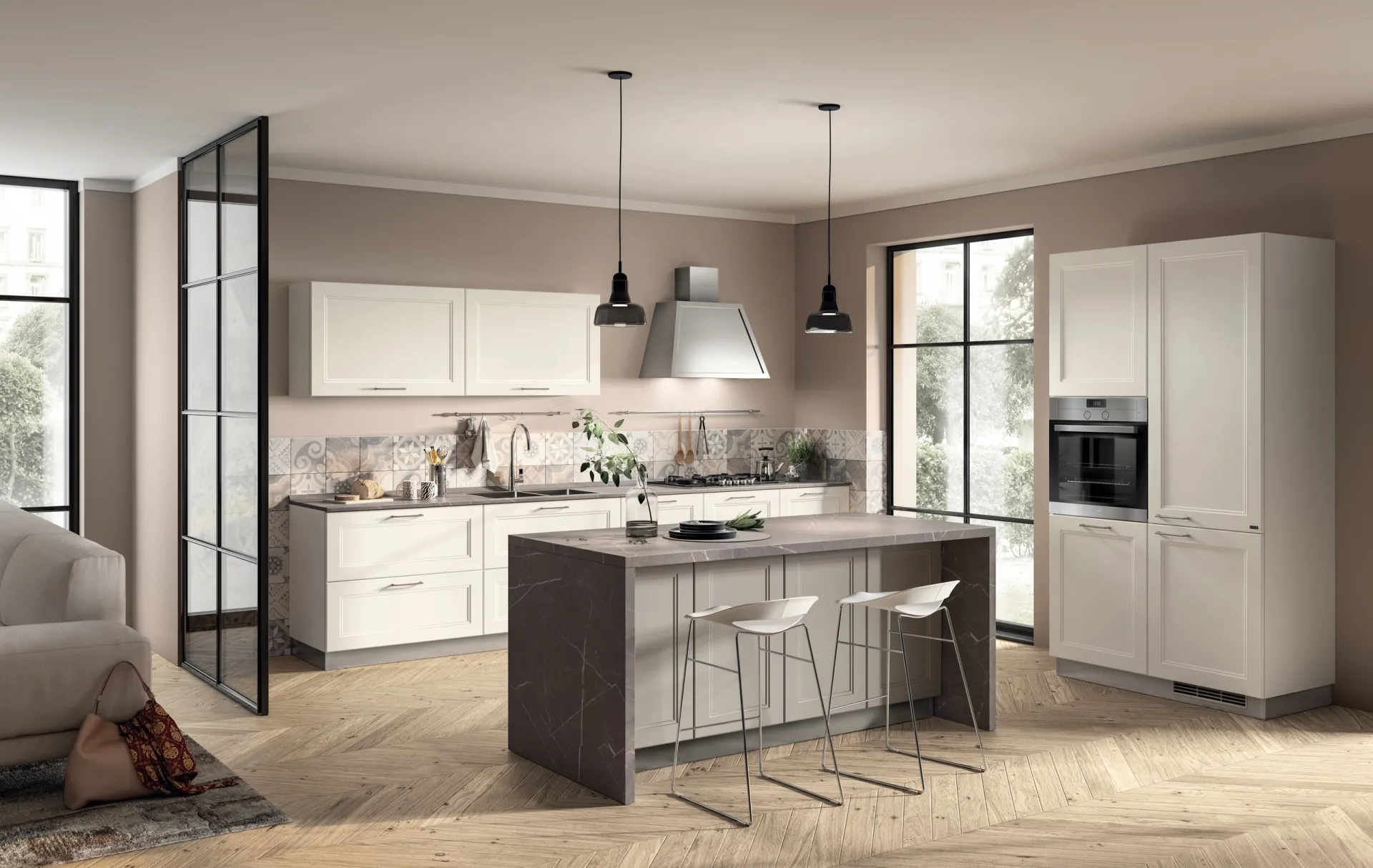 Cucina Colony Scavolini bianca con anta a telaio, isola con sgabelli e cappa sospesa