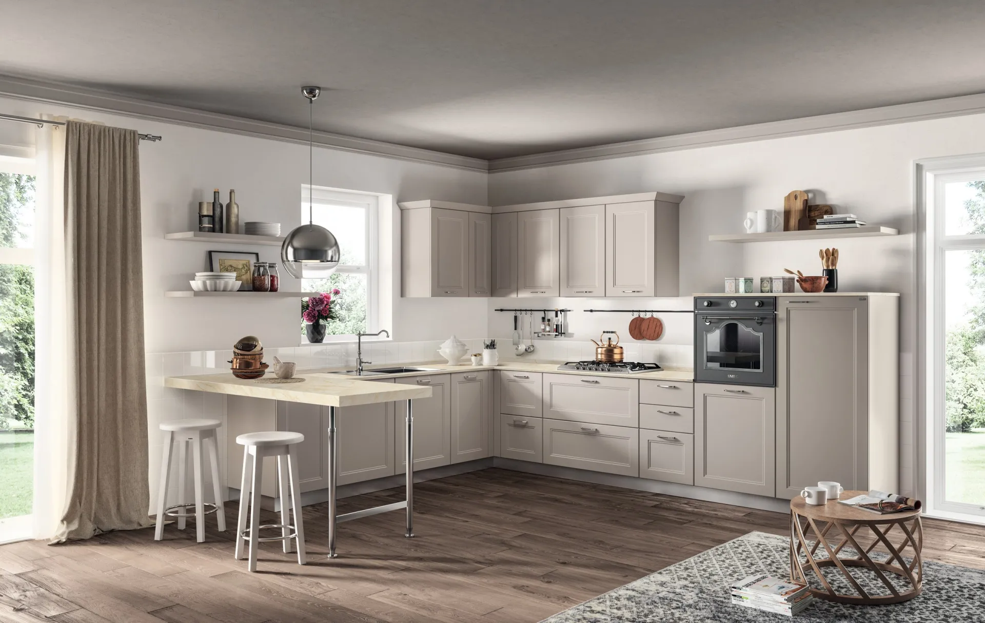 Cucina Colony Scavolini ad angolo in laccato opaco Sabbia con penisola per la colazione