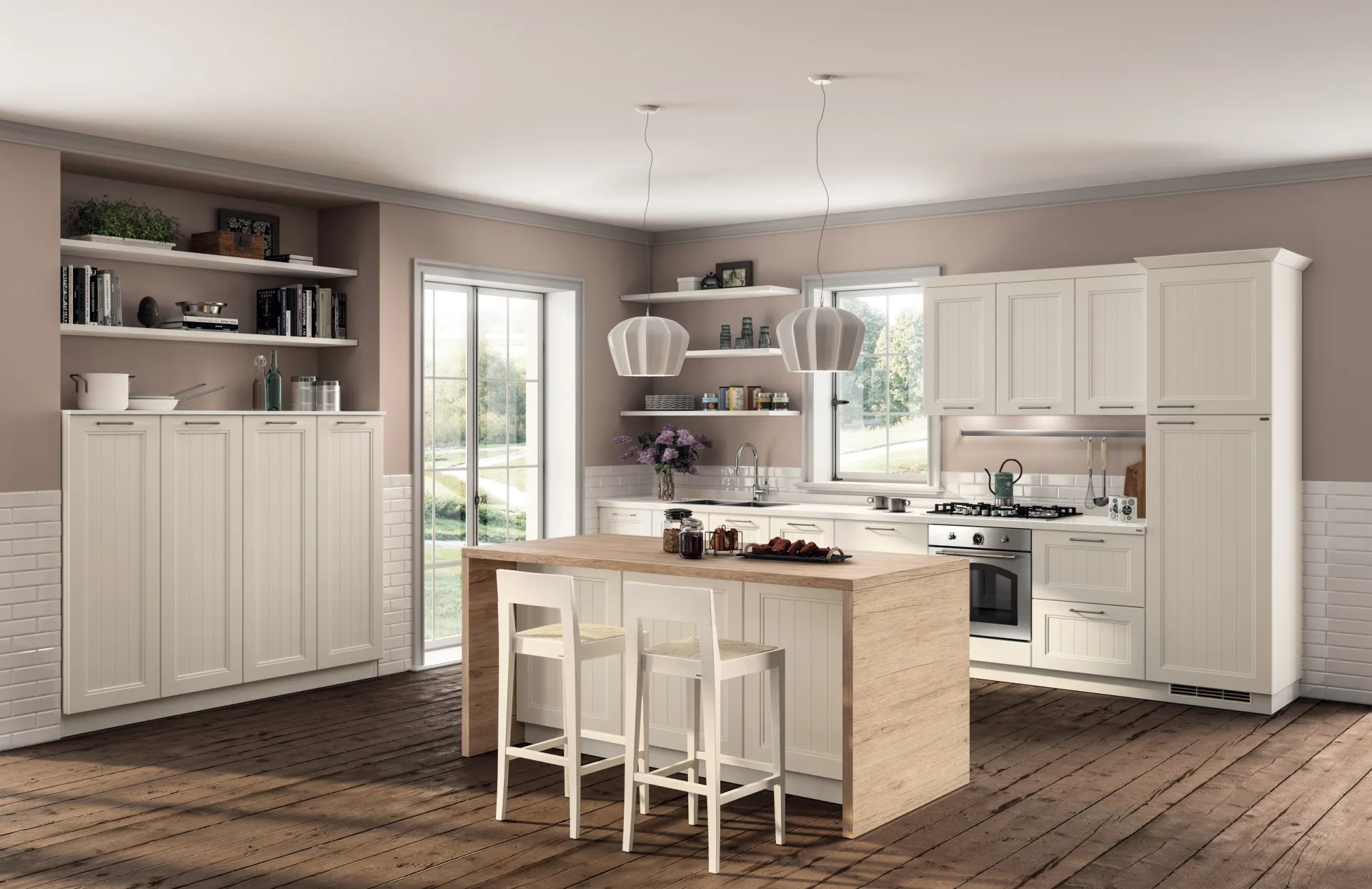 Cucina Colony Scavolini chiara con isola centrale dal piano effetto legno e mensole a muro