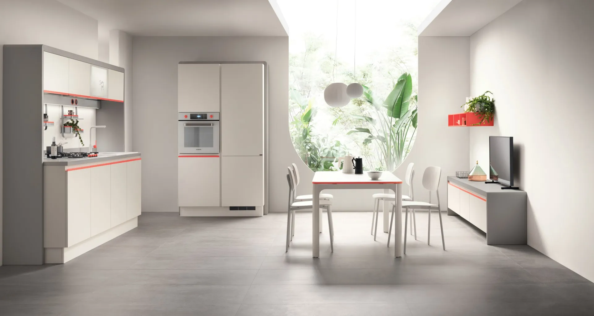 Cucina compatta Dandy Plus Scavolini grigio chiaro con maniglie e dettagli Rosso Corallo e tavolo coordinato