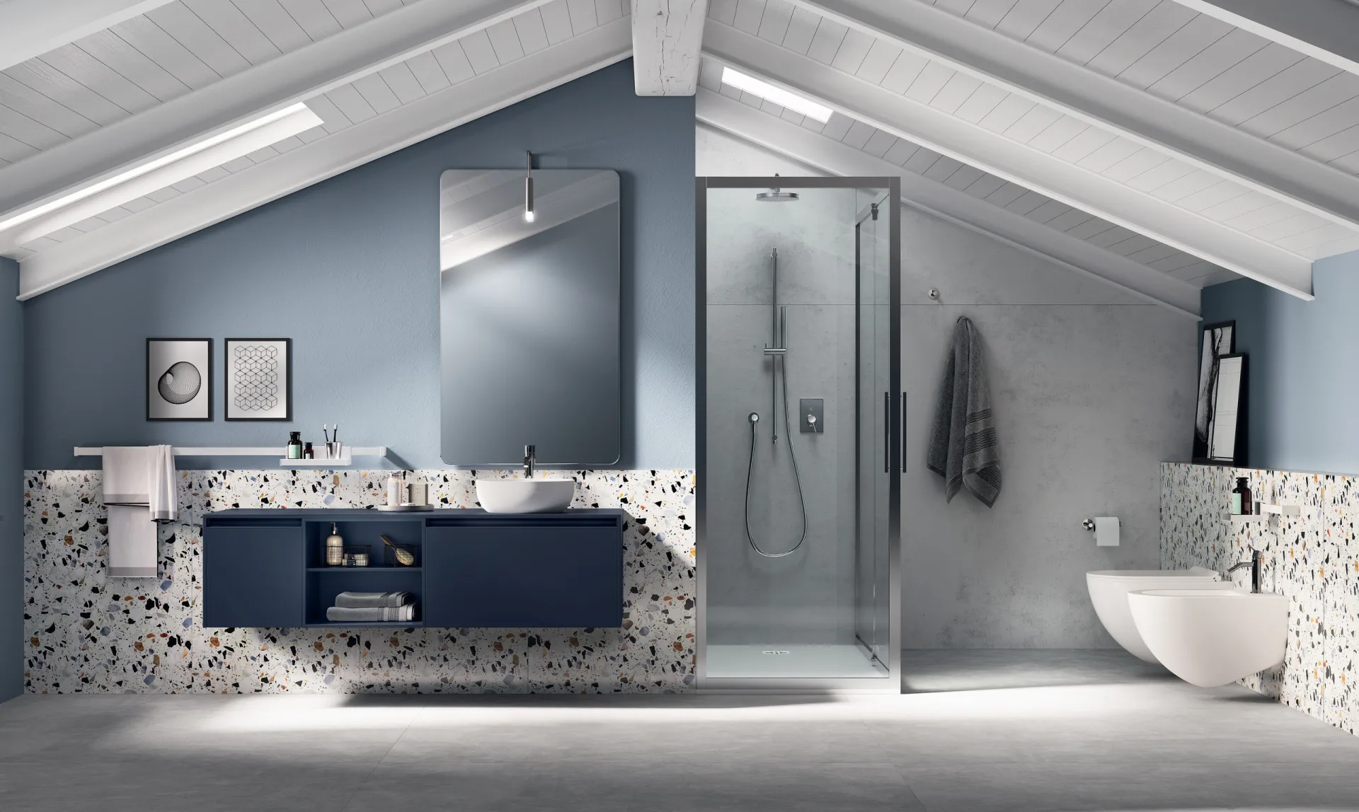 Bagno Miko Scavolini in mansarda con base sospesa Blu Moon, lavabo in appoggio e doccia in vetro
