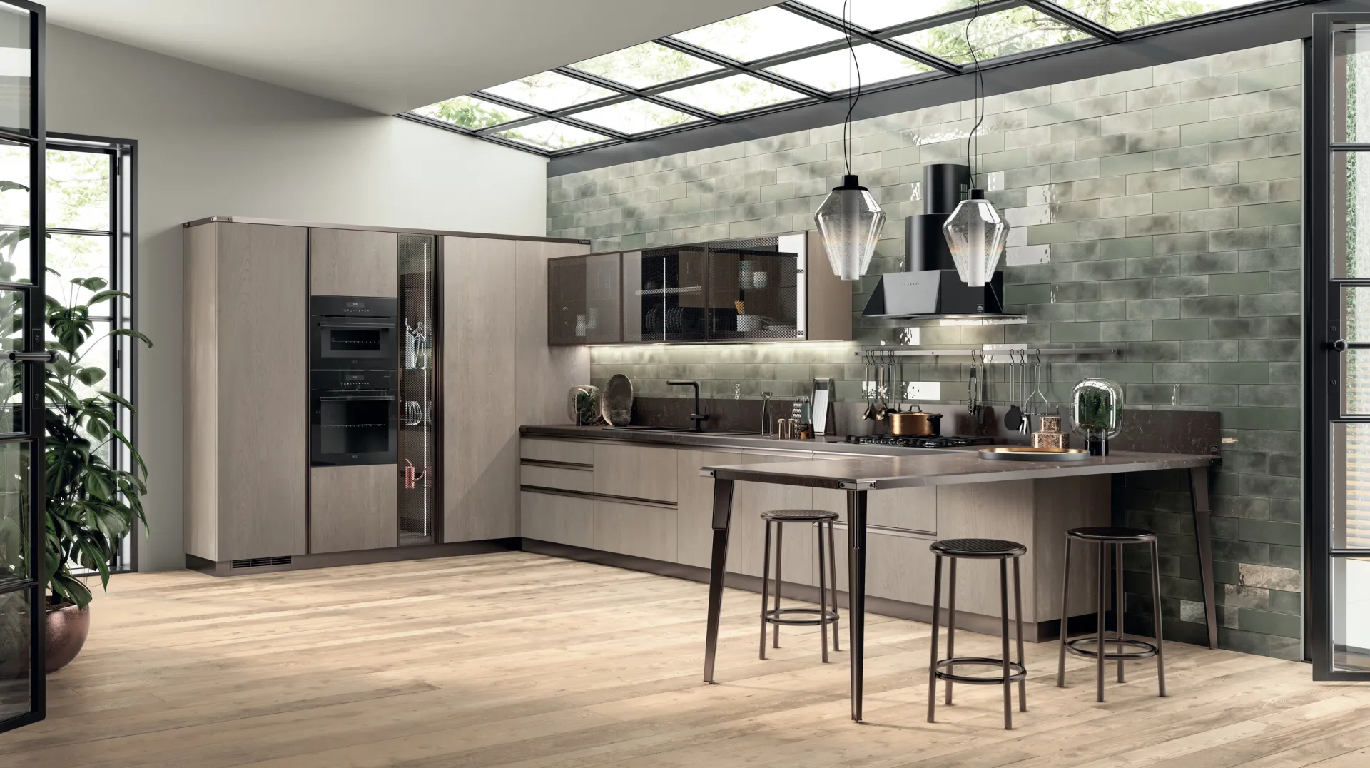 Cucina Diesel Open Workshop Scavolini con penisola, basi effetto legno chiaro e pensili a telaio con vetro