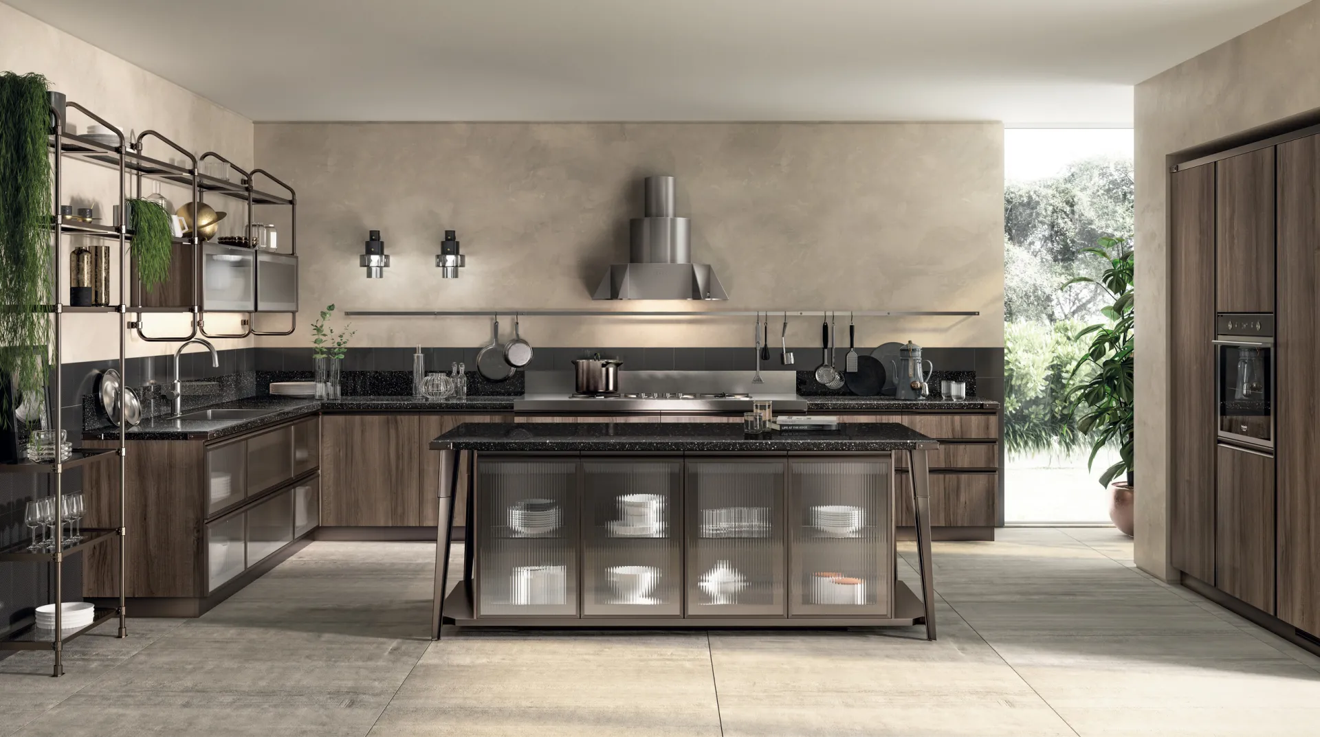 Cucina Diesel Open Workshop Scavolini in Noce Garden con isola a vetri Ribbed Glass e scaffalatura Stock Rack