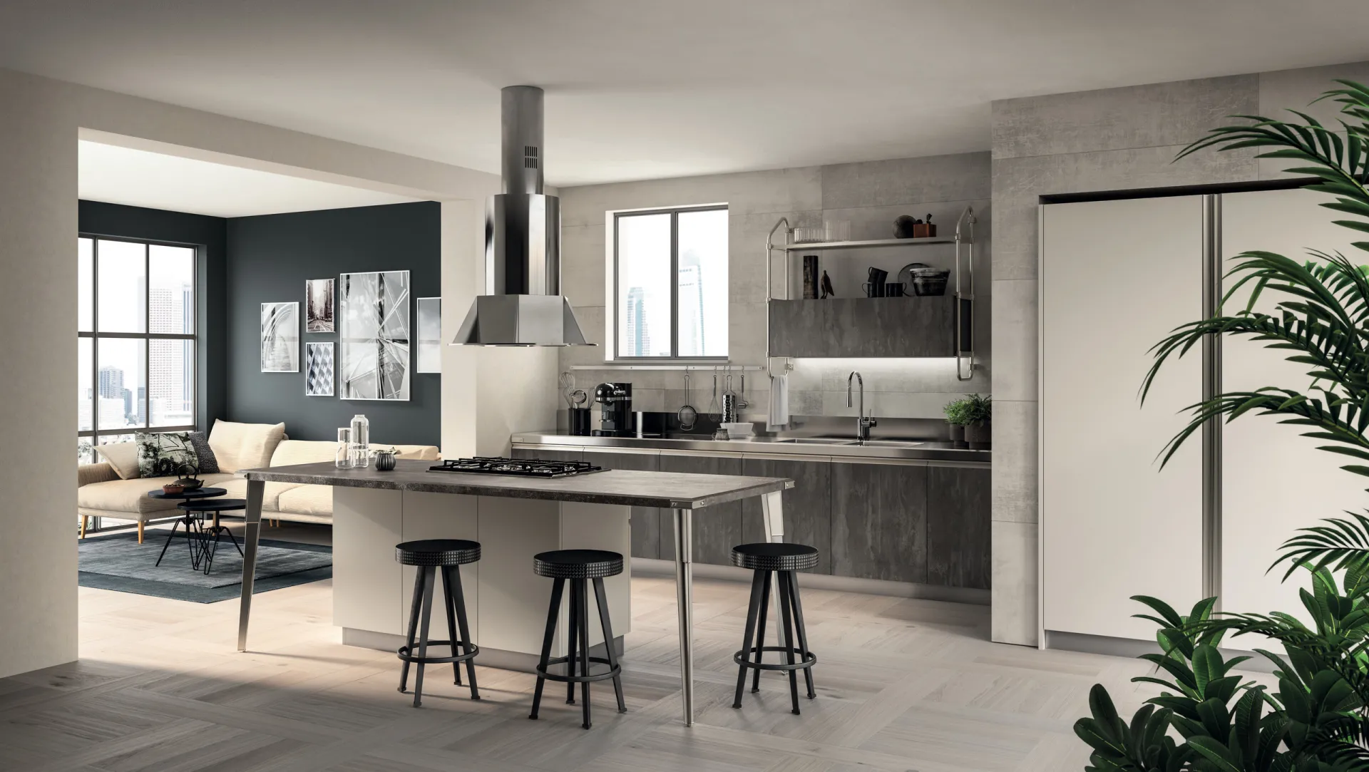 Cucina Diesel Open Workshop Scavolini con isola chiara, cappa sospesa e basi effetto cemento Concrete Harlem