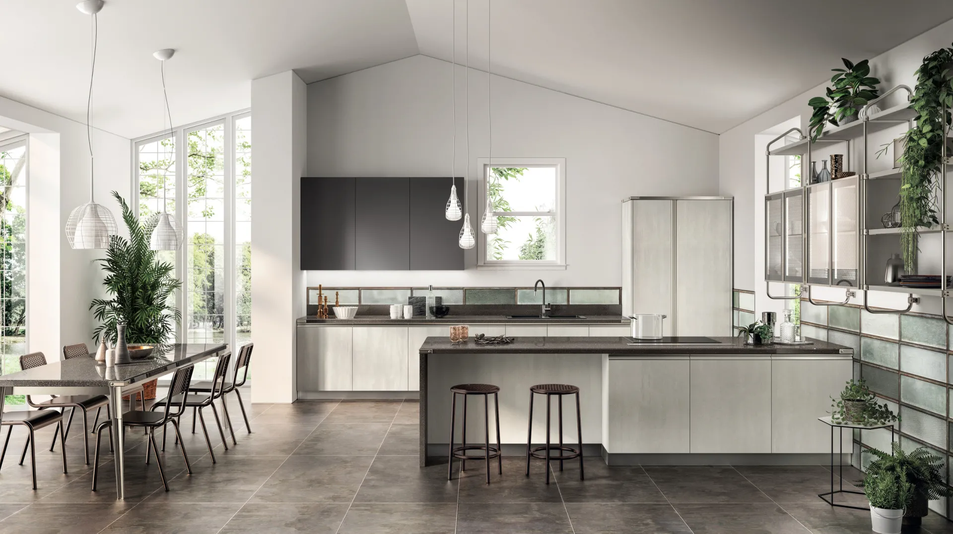 Cucina Diesel Open Workshop Scavolini chiara con penisola, sgabelli e scaffalatura Stock Rack con piante