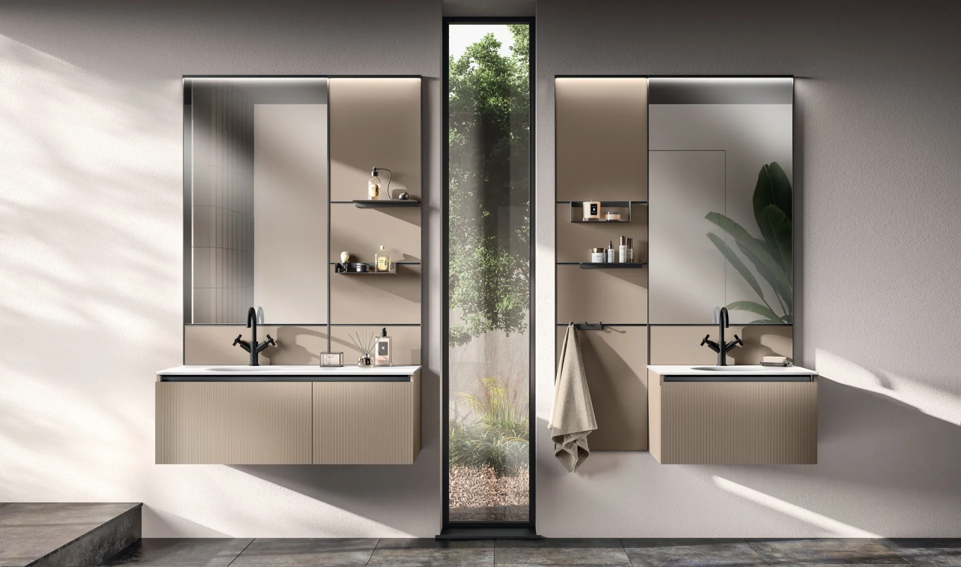Bagno Miko Scavolini con due basi sospese in laminato Urban Bronze e pannelli Line System con specchi