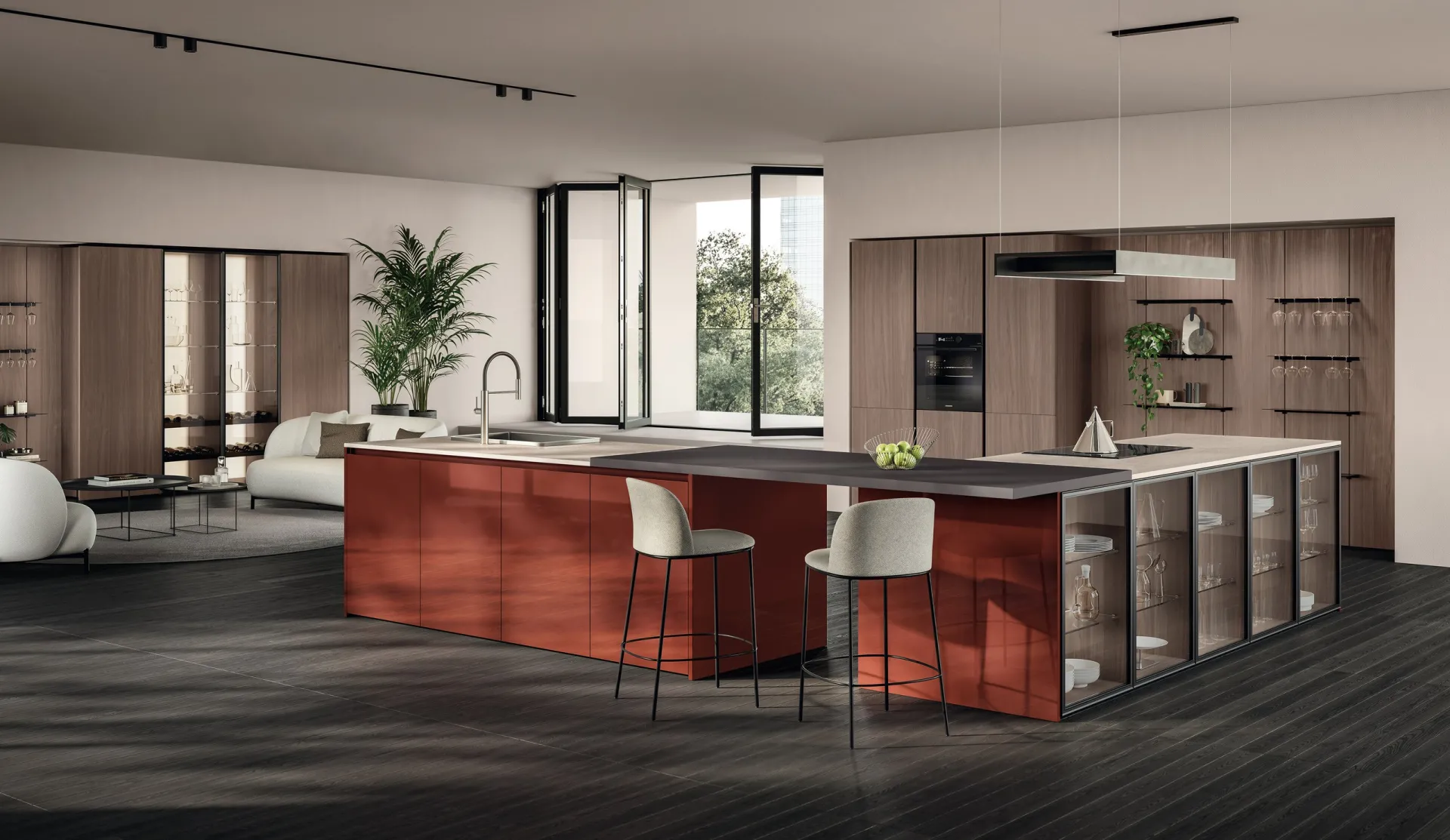 Cucina Essenza Scavolini con grande isola color Mattone, vetrine Air Box e colonne in Noce Classic
