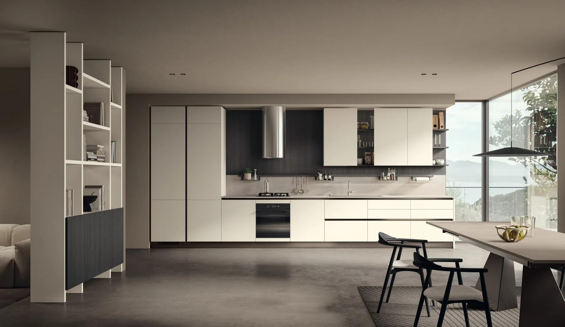 Cucina Essenza Scavolini lineare in decorativo Bianco Niveo con cappa a vista e libreria divisoria