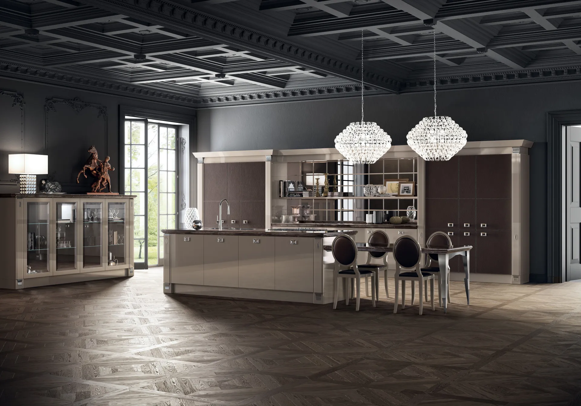 Cucina Exclusiva Scavolini in laccato lucido Visone con armadiature in pelle Ebano e lampadari in cristallo