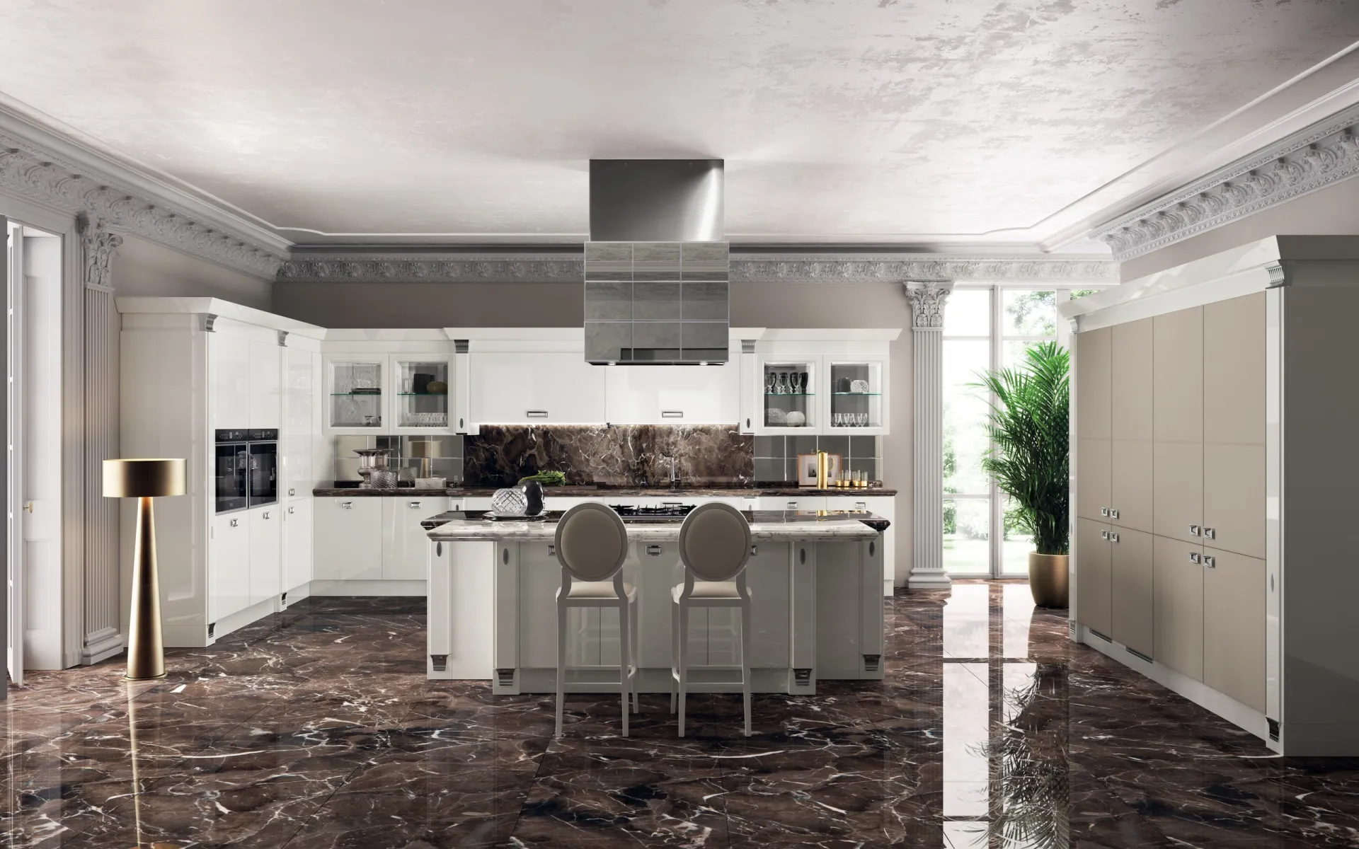 Cucina Exclusiva Scavolini in laccato lucido Bianco Prestige con isola centrale e cappa a specchio