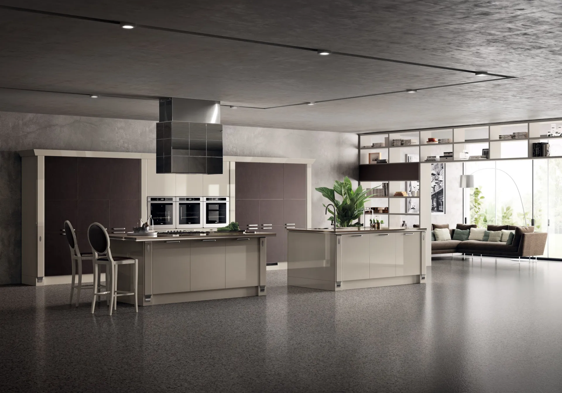 Cucina Exclusiva Scavolini in laccato lucido Tortora con doppia isola in un open space