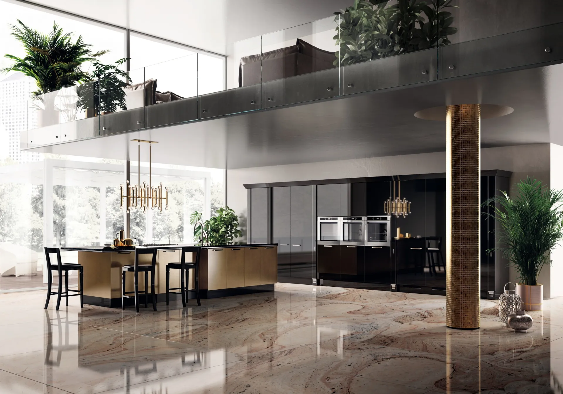 Cucina Exclusiva Scavolini in laccato lucido Nero Ardesia con isola effetto ottone ossidato