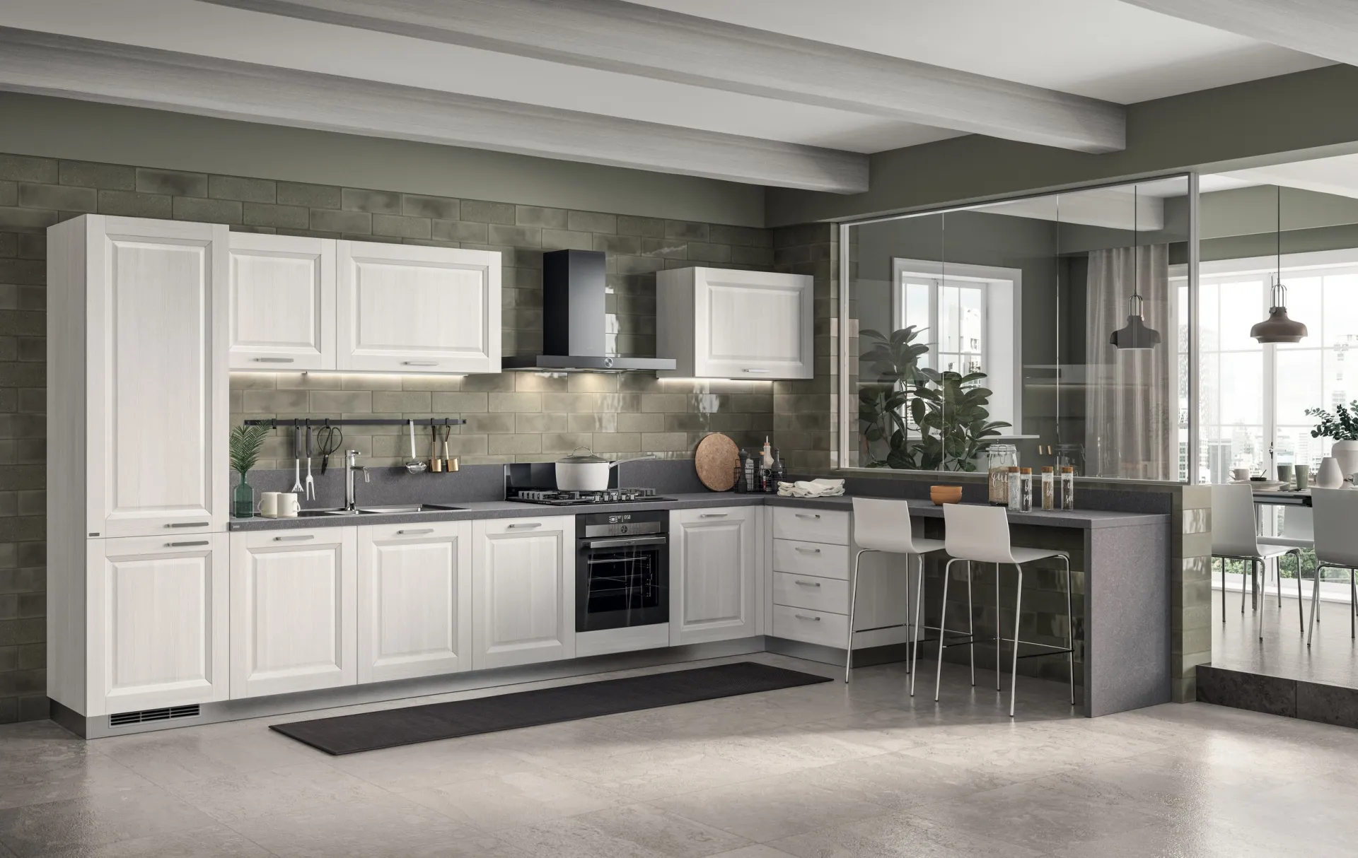 Cucina Family Scavolini in decorativo Larice Neve con penisola snack e sgabelli