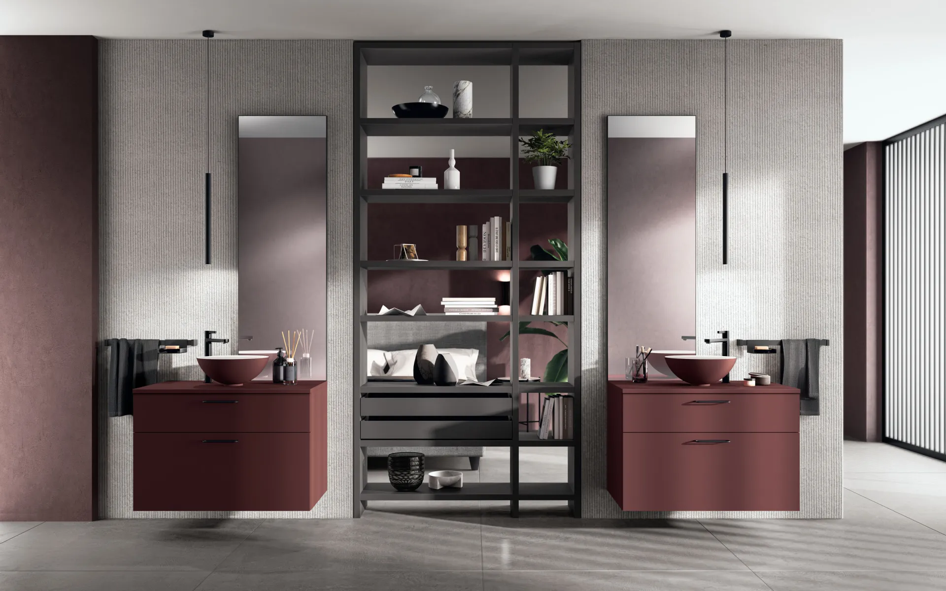 Bagno Aquo Scavolini con due basi in Fenix Rosso Jaipur e Sistema Parete Fluida scuro al centro