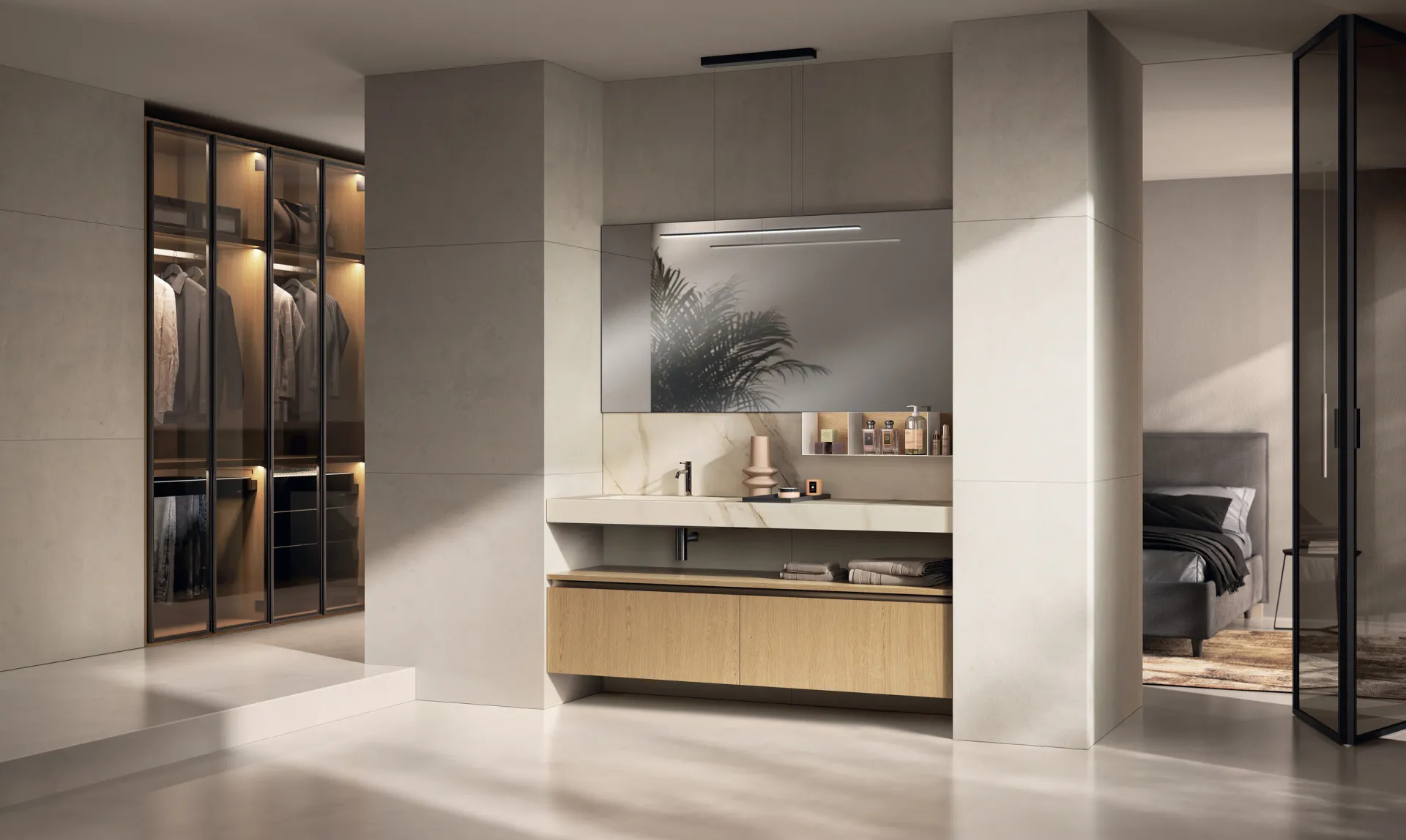 Bagno Miko Scavolini con base in decorativo Rovere Gold tra due pilastri e cabina armadio a vetri