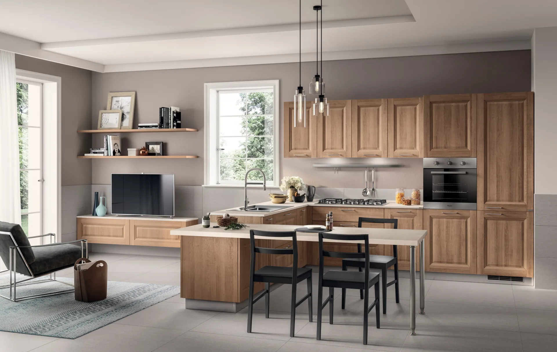 Cucina Family Scavolini effetto rovere con penisola e piano tavolo per quattro persone
