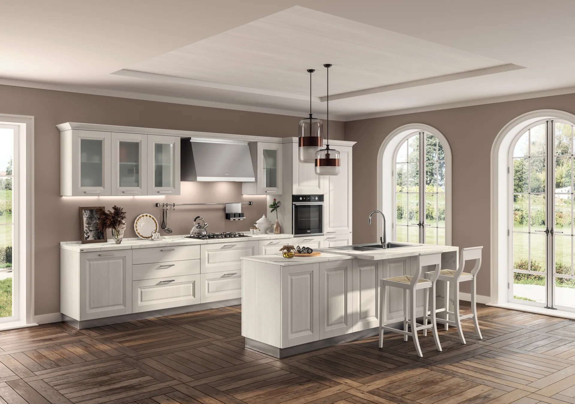 Cucina Family Scavolini bianca con pensili a vetro e isola con sgabelli