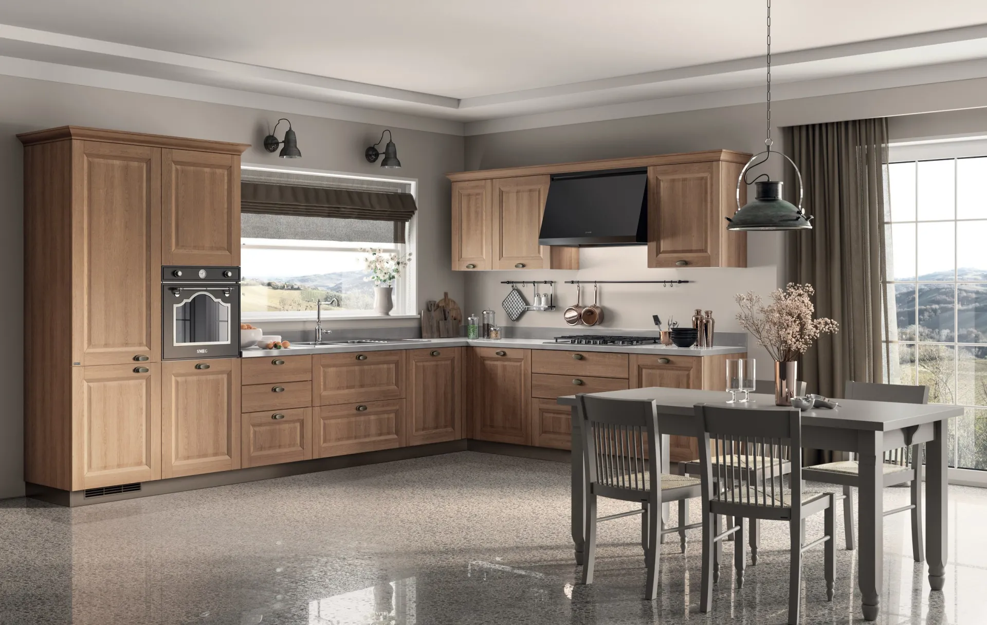 Cucina classica Family Scavolini ad angolo in Rovere Azteco con tavolo da pranzo