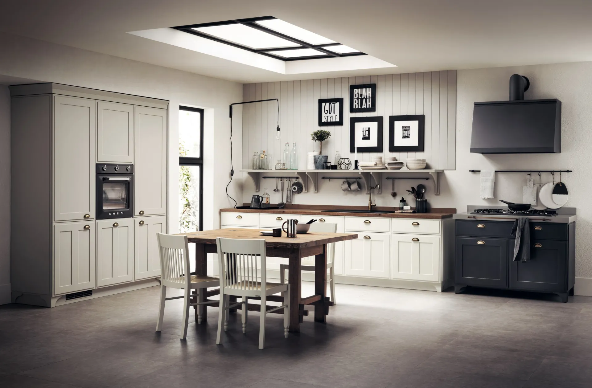 Cucina Favilla Scavolini bianca con blocco cottura effetto ghisa e tavolo in legno