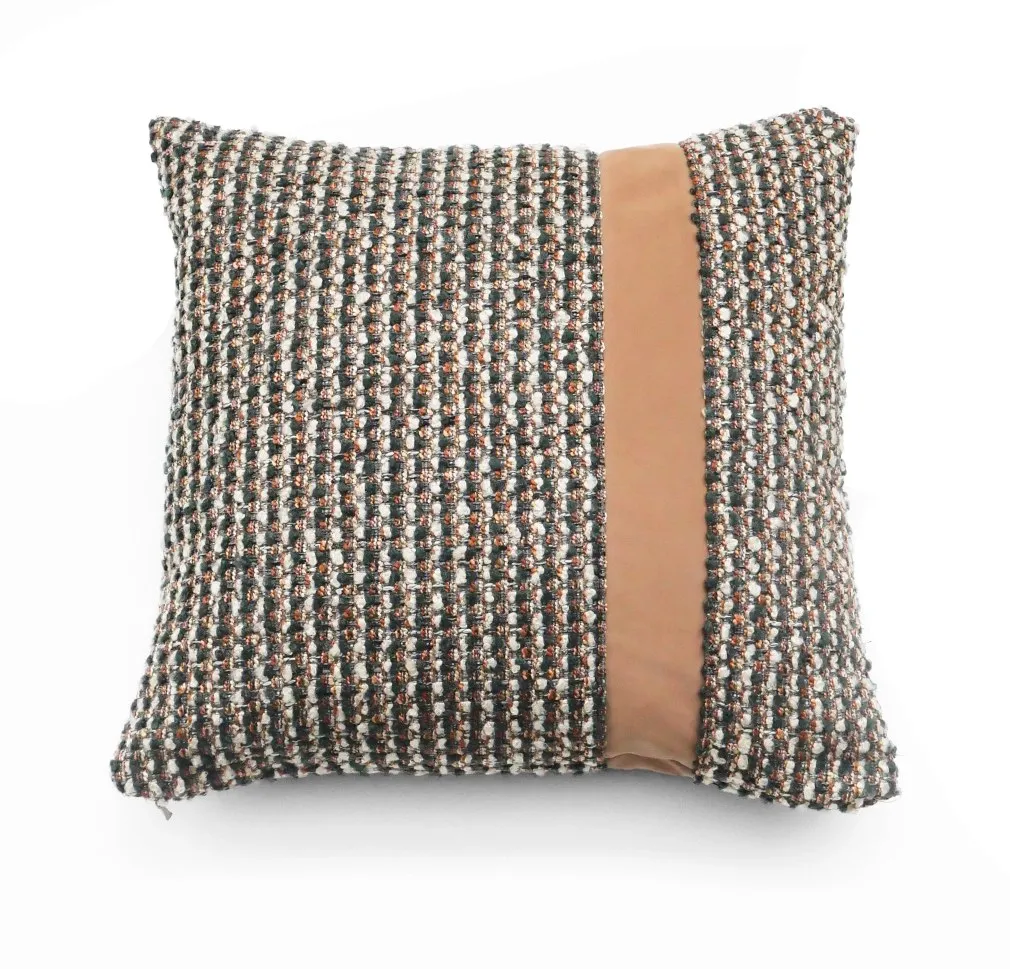 Cuscino E16 Dienne in tessuto mélange marrone con fascia color cuoio